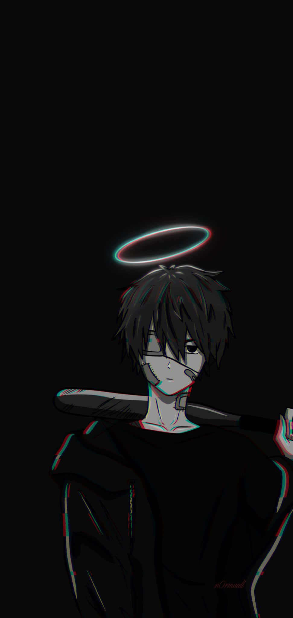 dark anime boy, glowing halo, baseball bat, Full HD Phone Wallpaper