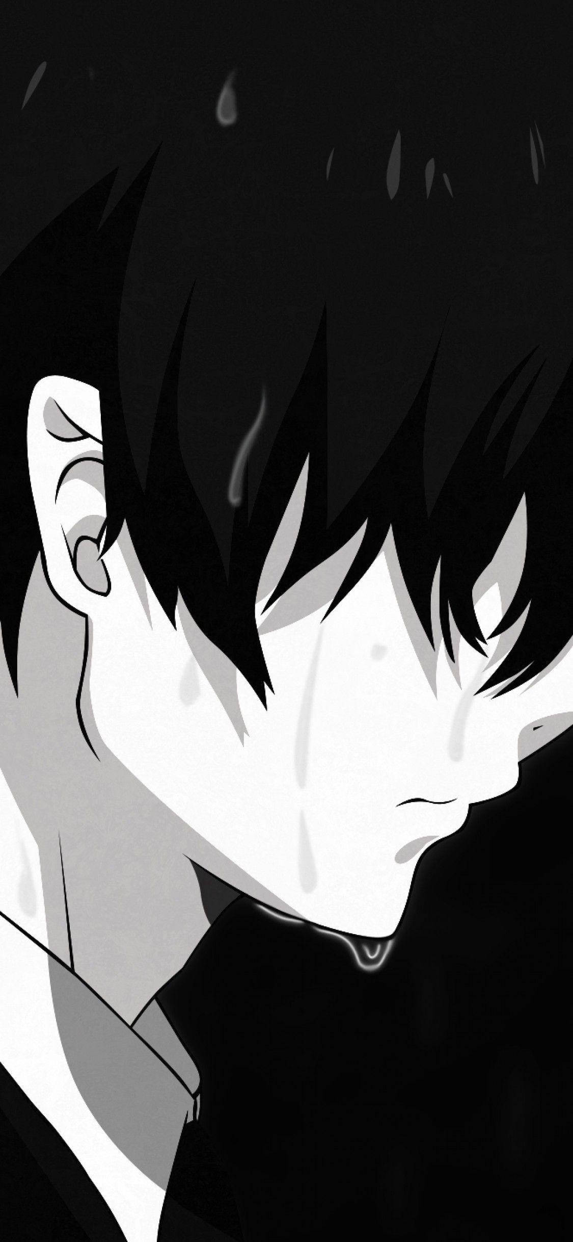 black and white anime boy, tears streaming down their face, dark background, Full HD Phone Wallpaper