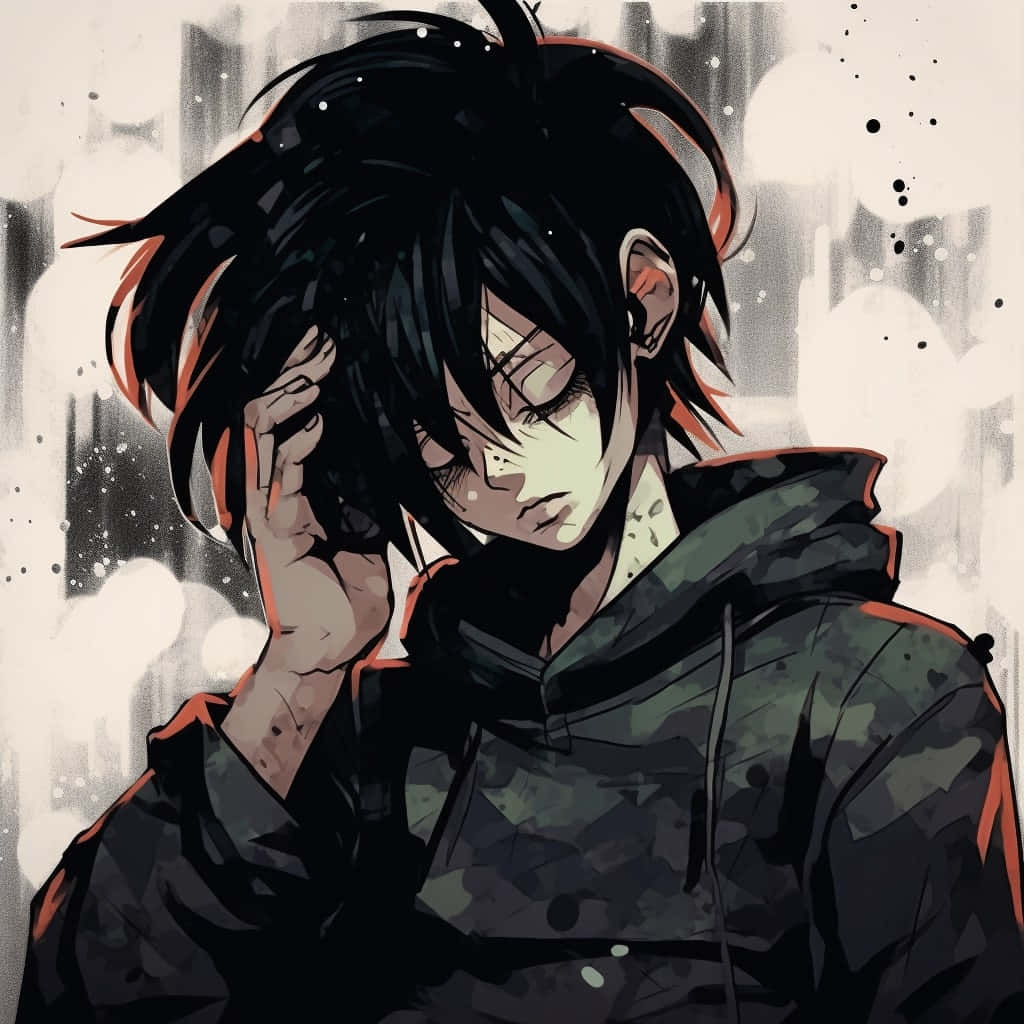 grunge aesthetic, anime boy, messy black hair, SD Desktop Wallpaper