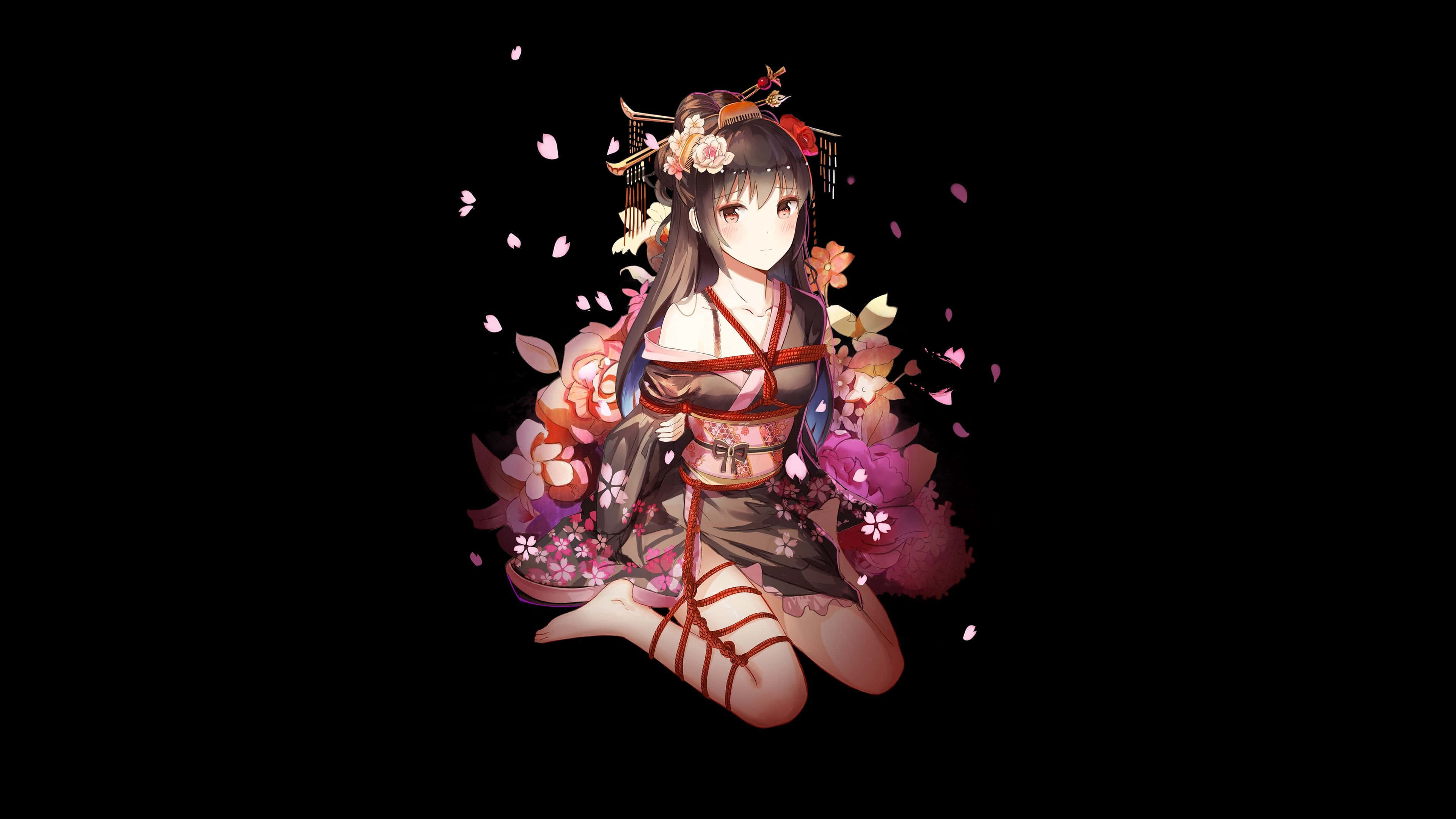 dark anime girl, floral kimono, cherry blossoms, 4K Desktop Wallpaper