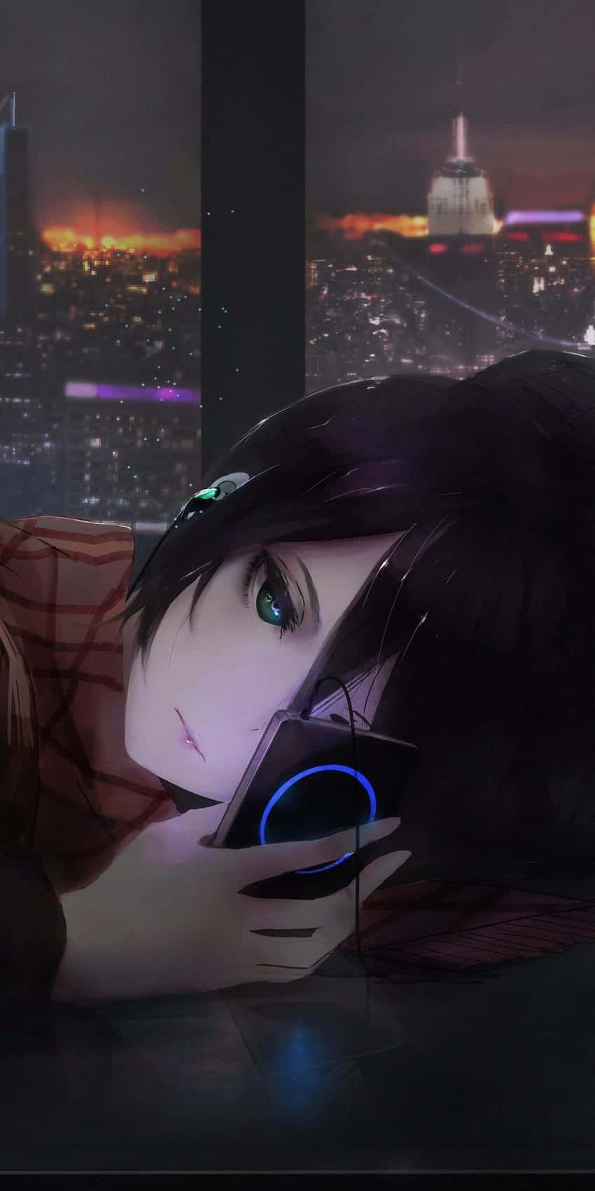 Dark Anime Girl, glowing green eyes, glowing phone, HD Phone Wallpaper