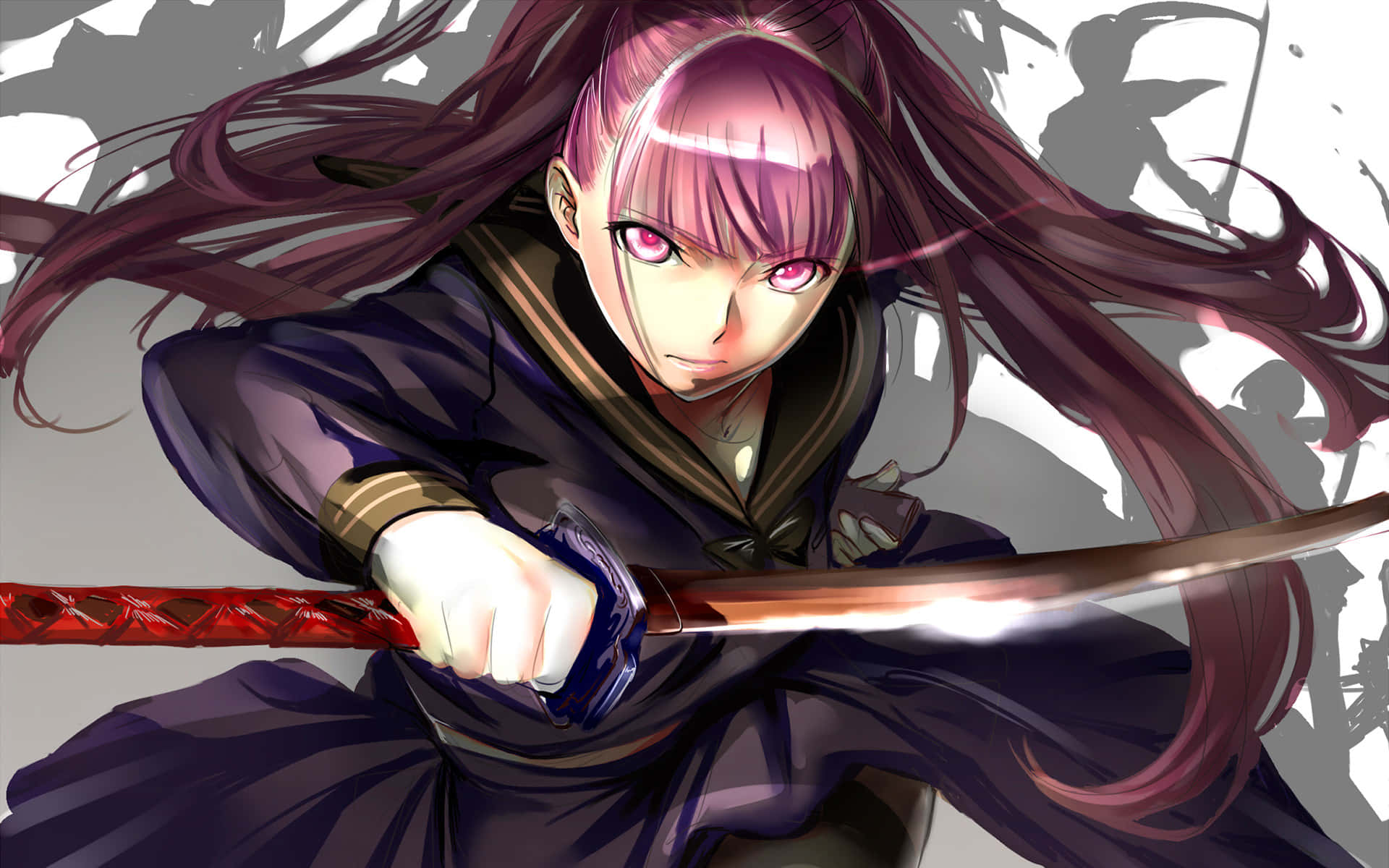 Dark Anime Girl, pink hair, glowing sword, Full HD Desktop Wallpaper
