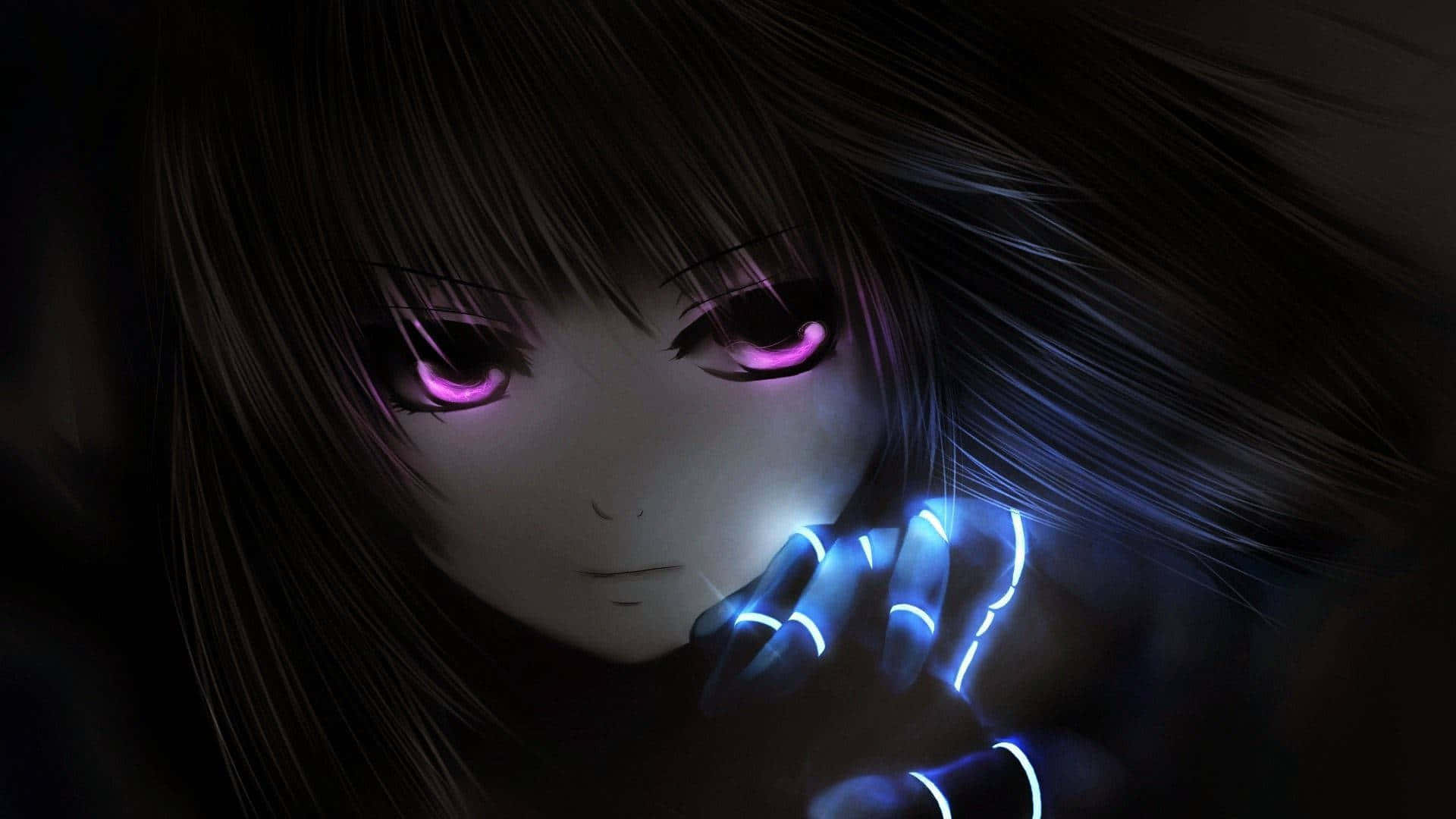 dark anime girl, dark-haired, glowing pink eyes, Full HD Desktop Wallpaper