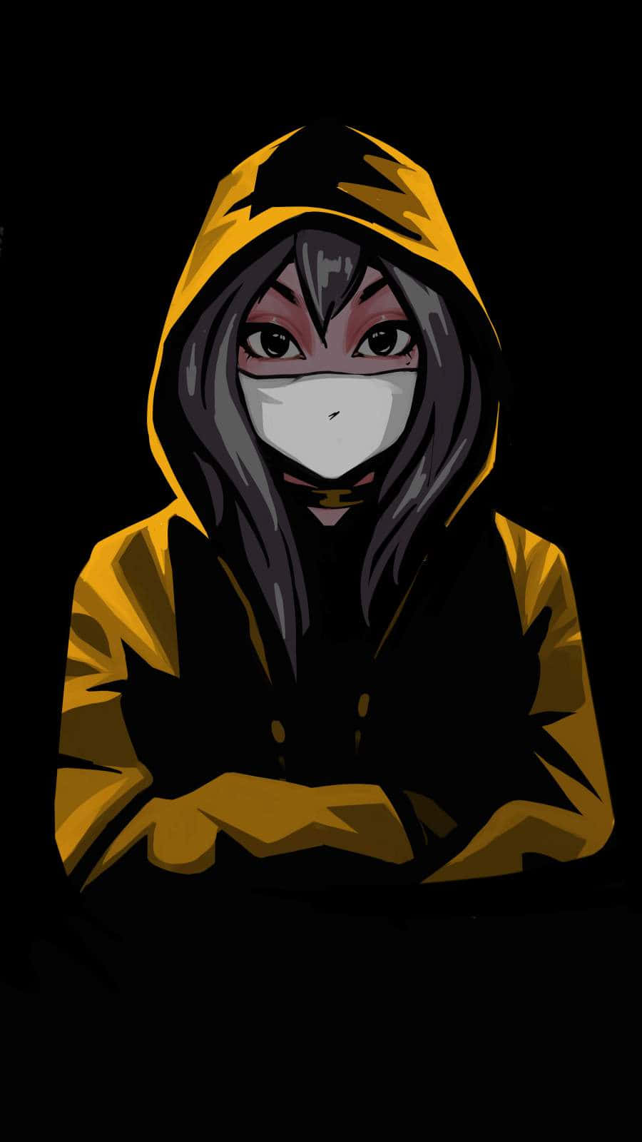 dark anime girl, yellow hooded jacket, white face mask, HD Phone Wallpaper