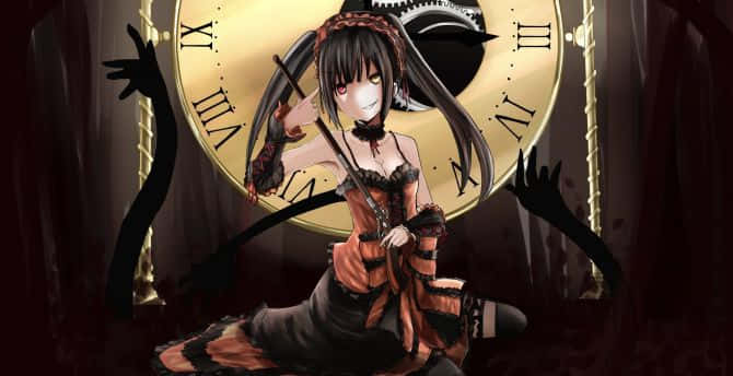 dark anime girl, gothic attire, clockwork weapon, SD Desktop Wallpaper