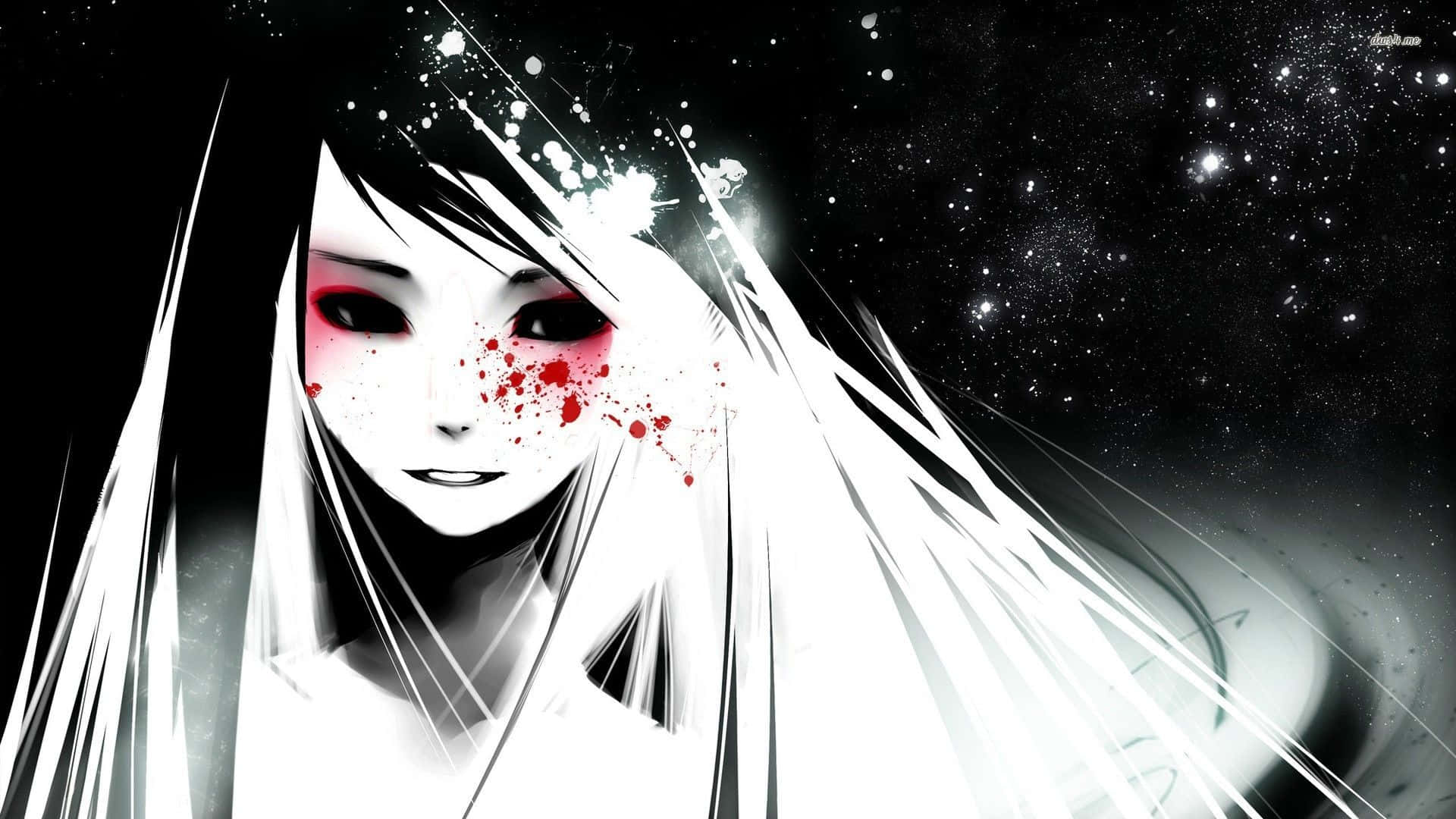 Dark anime girl, white hair, red splatters, Full HD Desktop Wallpaper