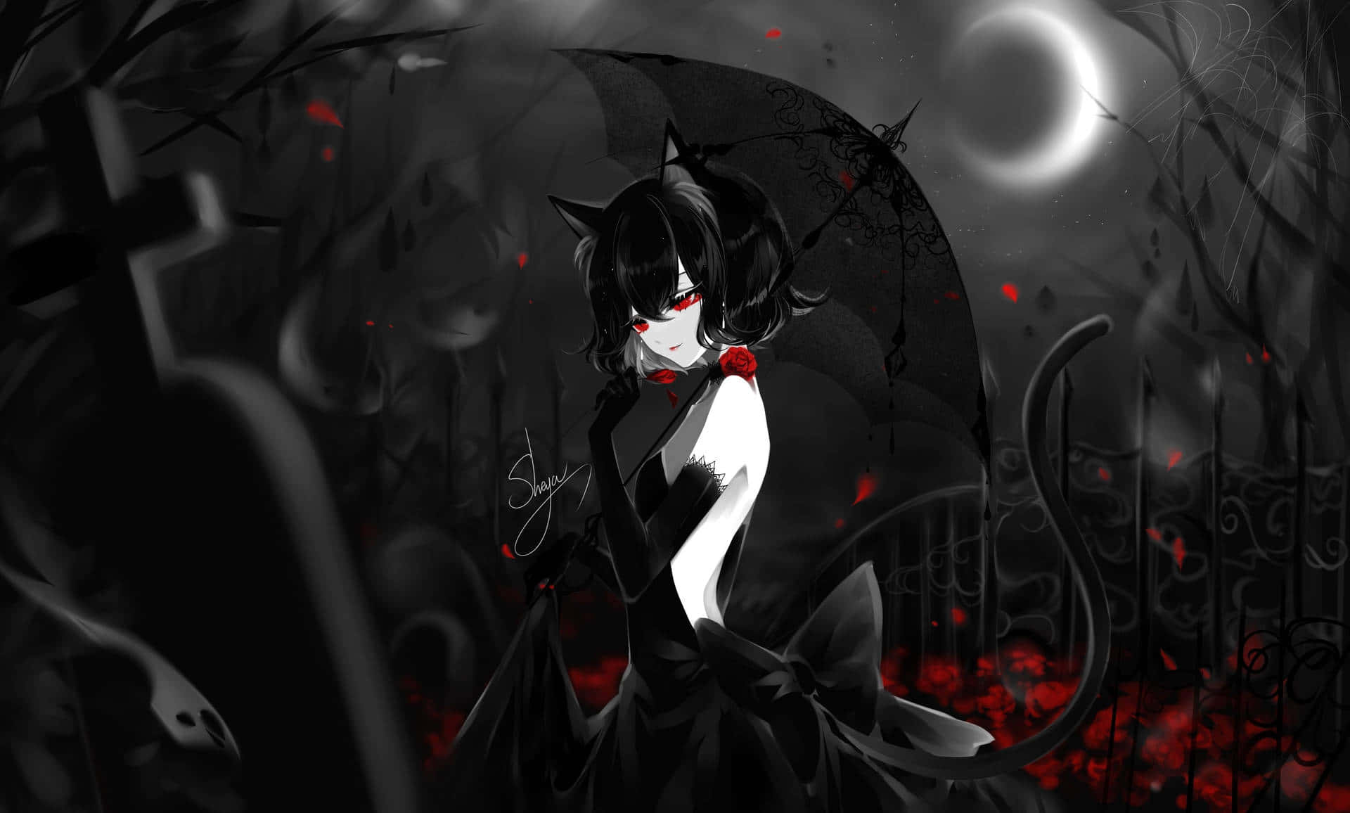 gothic anime girl, cat ears, red eyes, Full HD Desktop Wallpaper