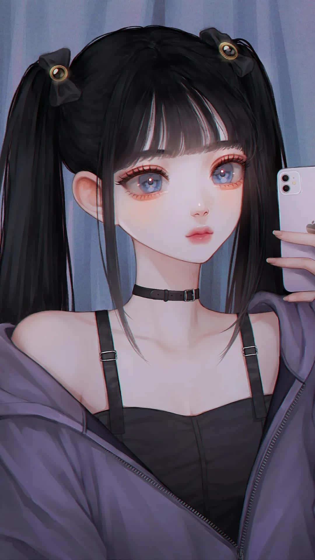 Dark Anime Girl, black pigtails, blue eyes, Full HD Phone Wallpaper