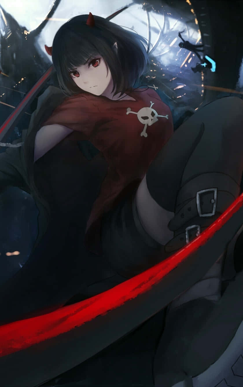 Dark Anime Girl, red eyes, small horns, HD Phone Wallpaper