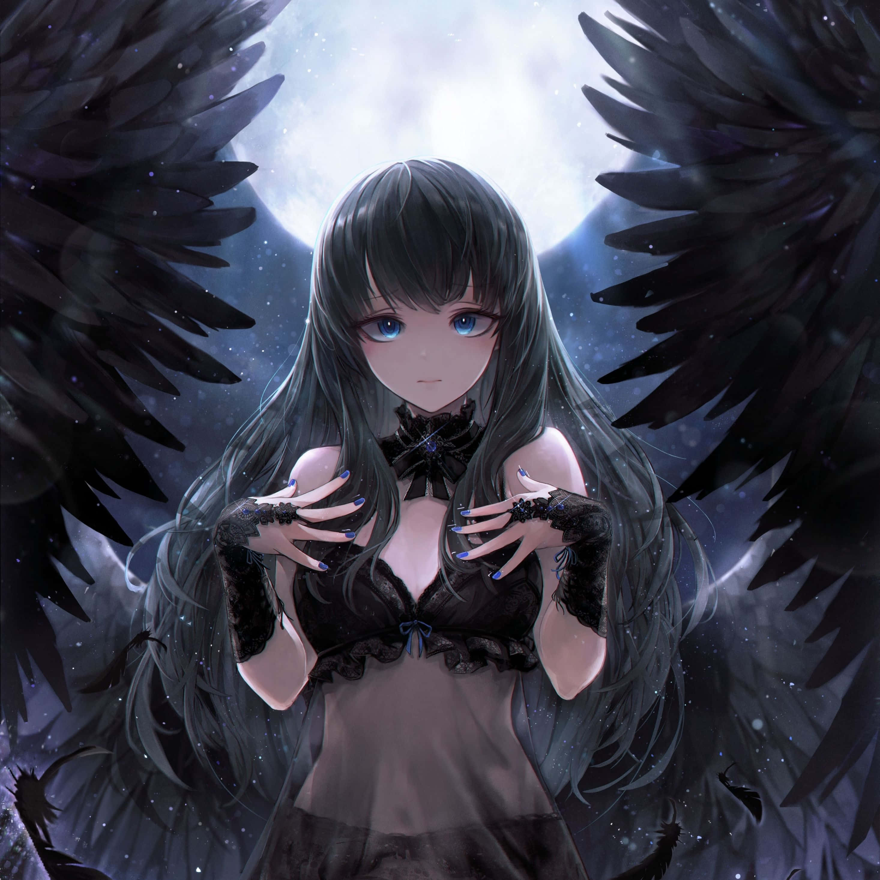 Dark Anime Girl, blue eyes, black lace attire, 2K Desktop Wallpaper