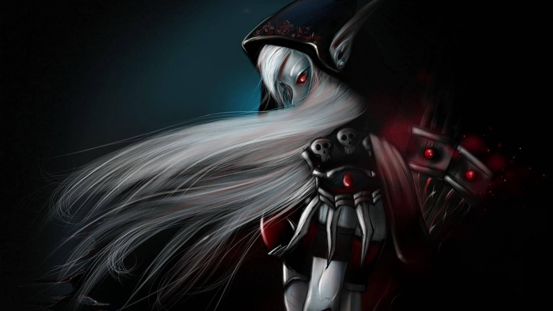 Sad Demon Girl, hooded anime figure, glowing red eyes, Full HD Desktop Wallpaper