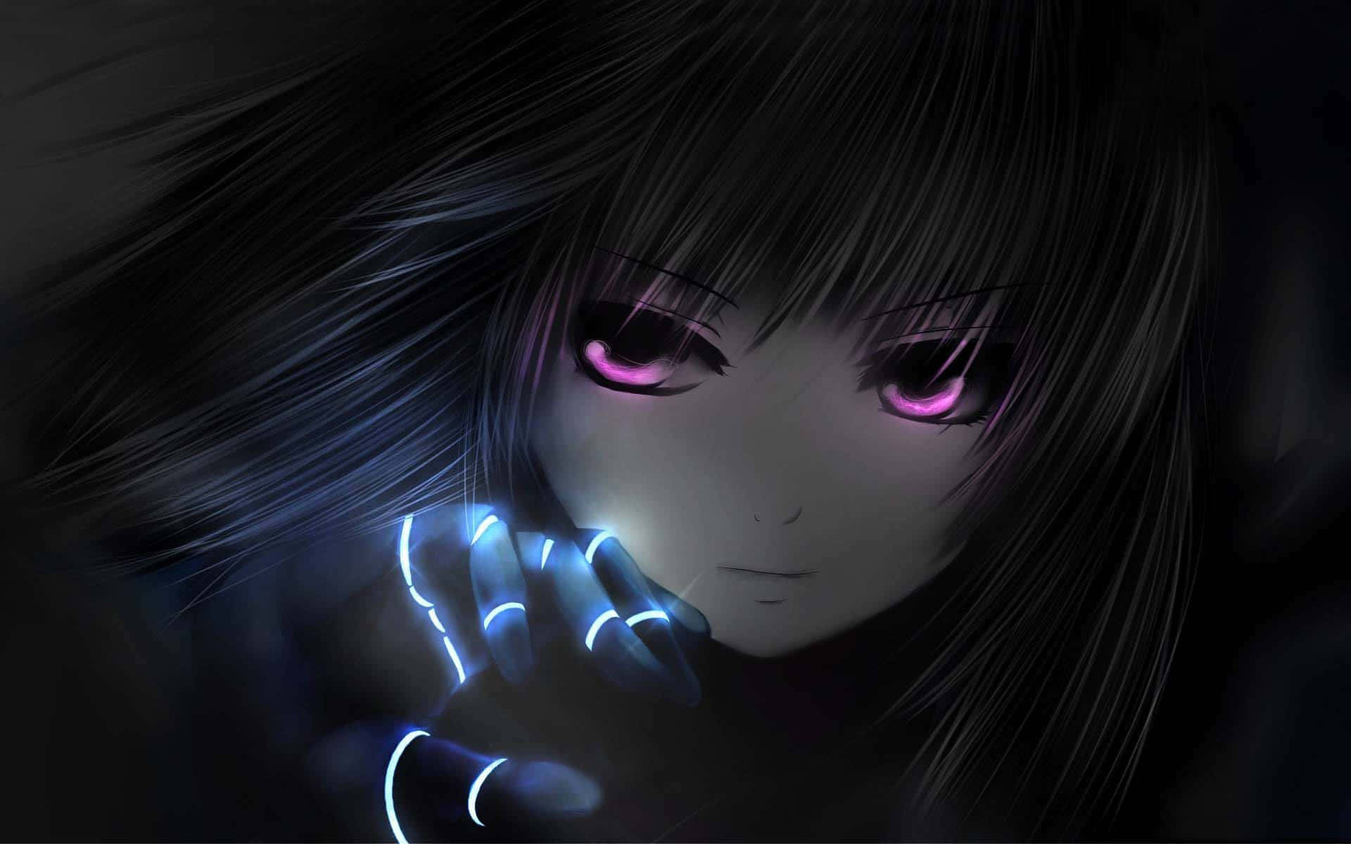 dark anime girl, dark-haired, glowing pink eyes, Full HD Desktop Wallpaper
