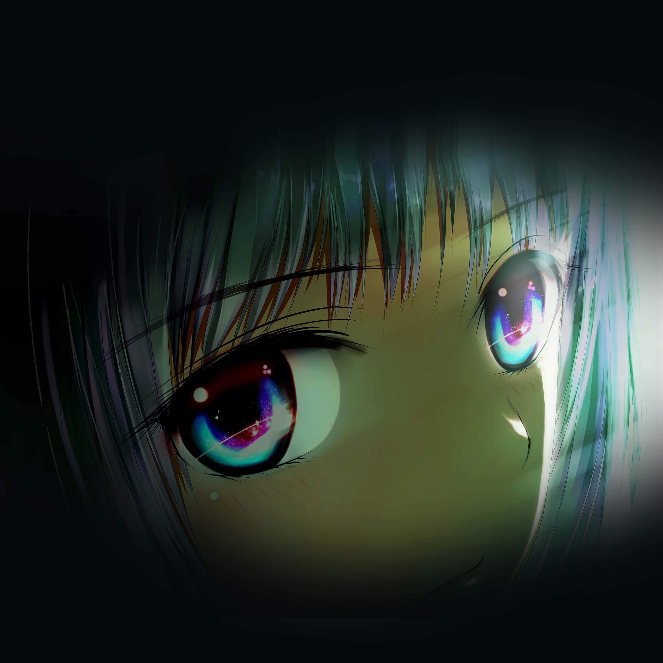 Dark Anime Girl, glowing eyes, cosmic reflections, 2K Desktop Wallpaper