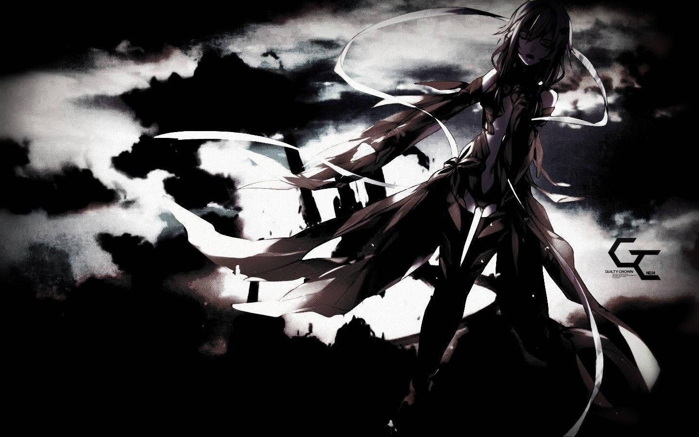dark-haired anime girl, flowing coat, stormy sky, HD Desktop Wallpaper