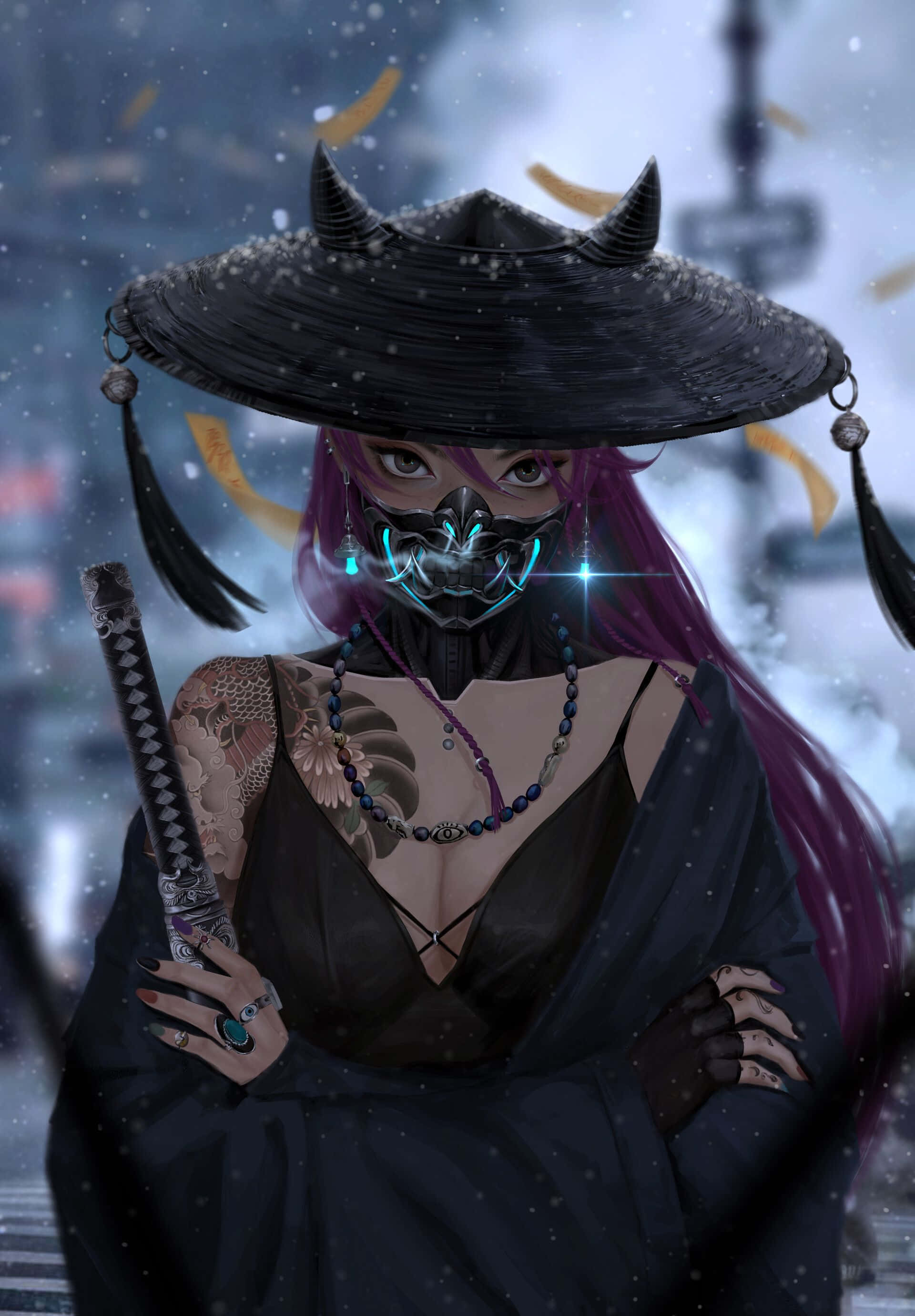 Cute Dark Anime Samurai Girl, masked anime warrior, purple hair, 2K Phone Wallpaper