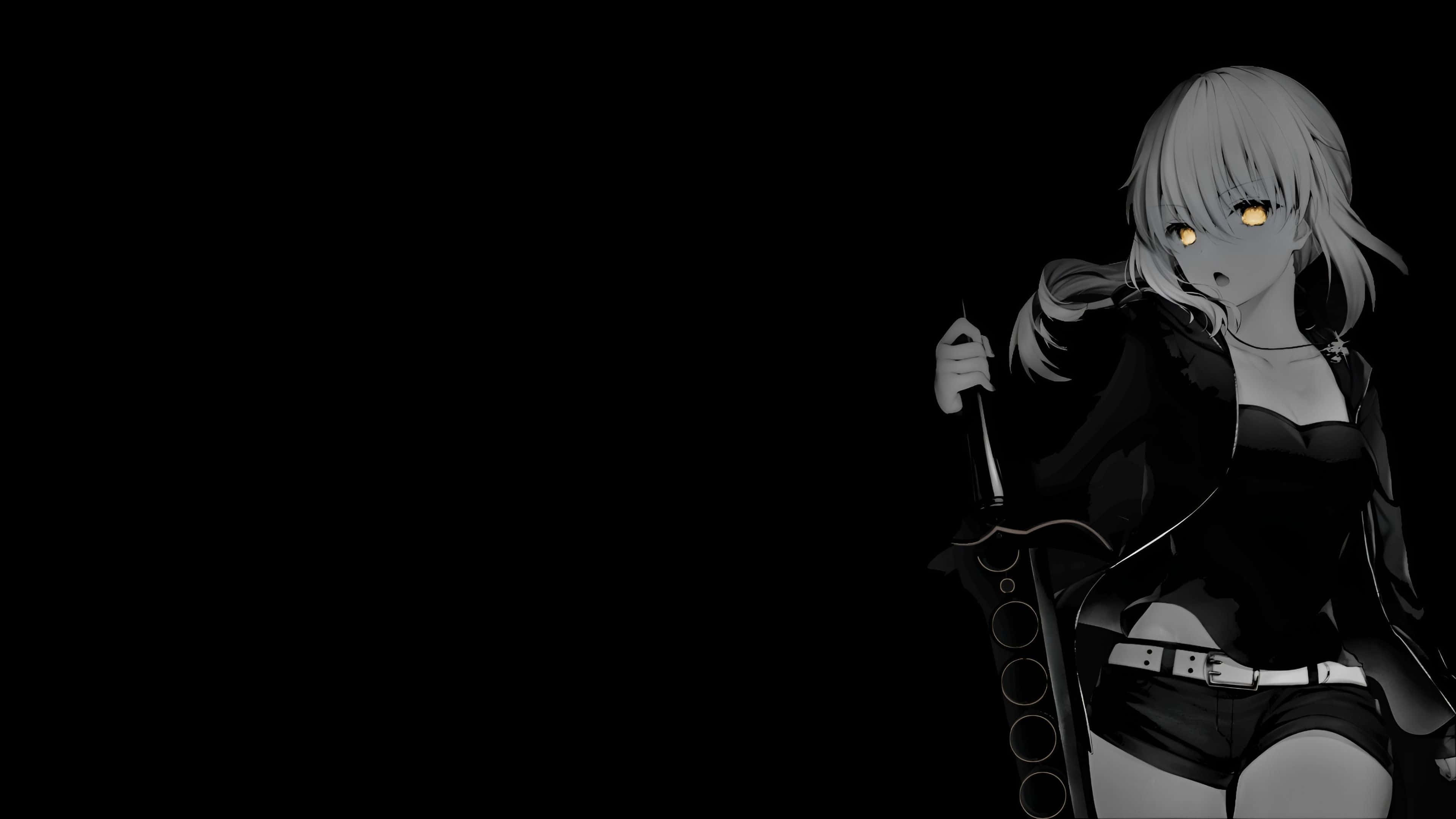 black and white anime girl, glowing yellow eyes, sword, 4K Desktop Wallpaper