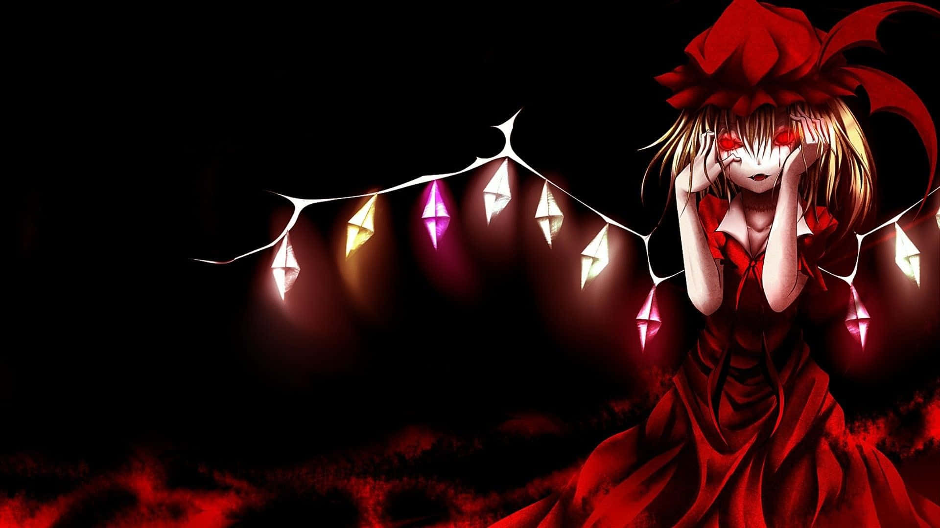 red-haired anime girl, flowing red dress, glowing origami lanterns, Full HD Desktop Wallpaper