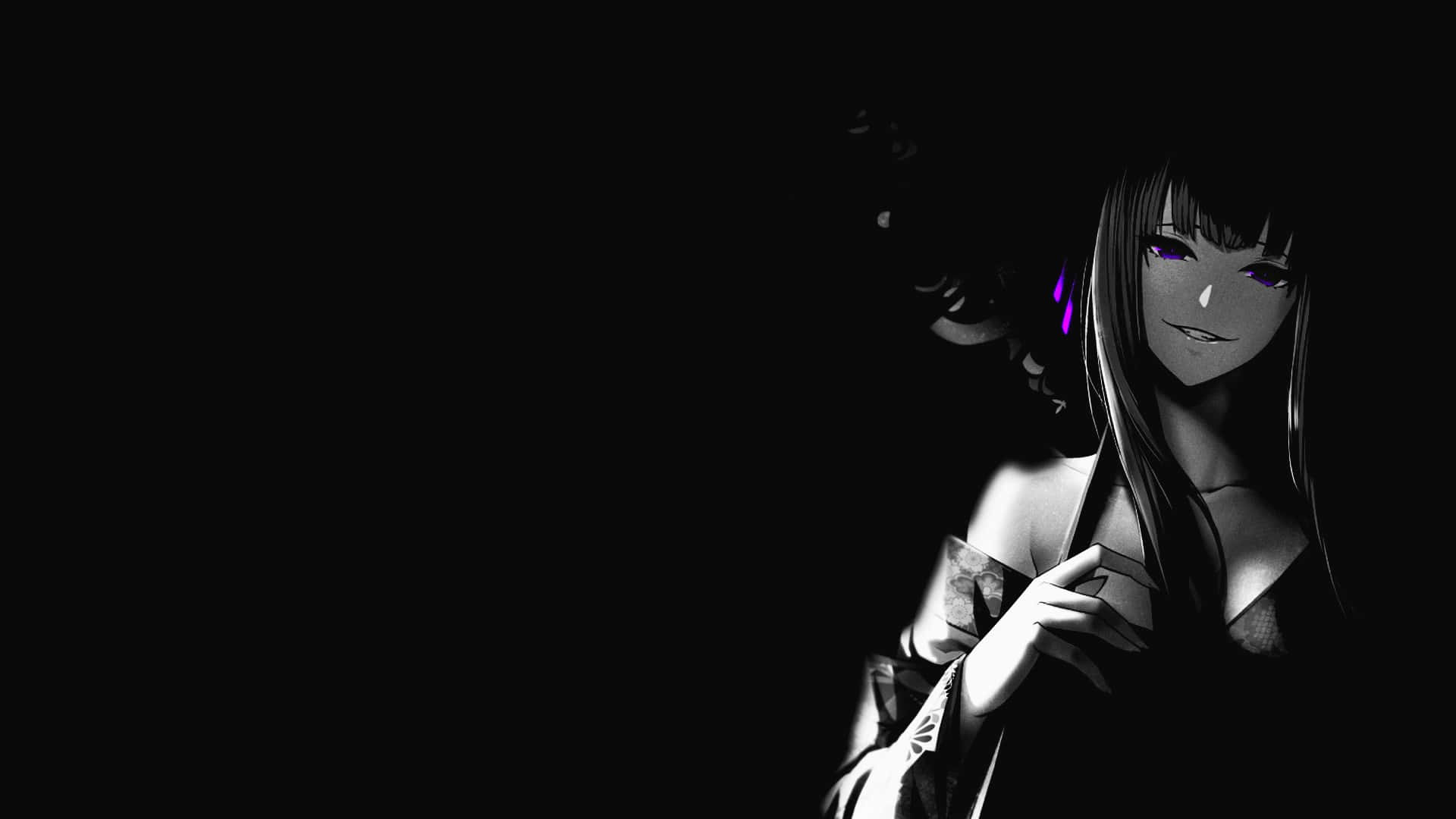 black and white anime girl, glowing purple eyes, long hair, Full HD Desktop Wallpaper