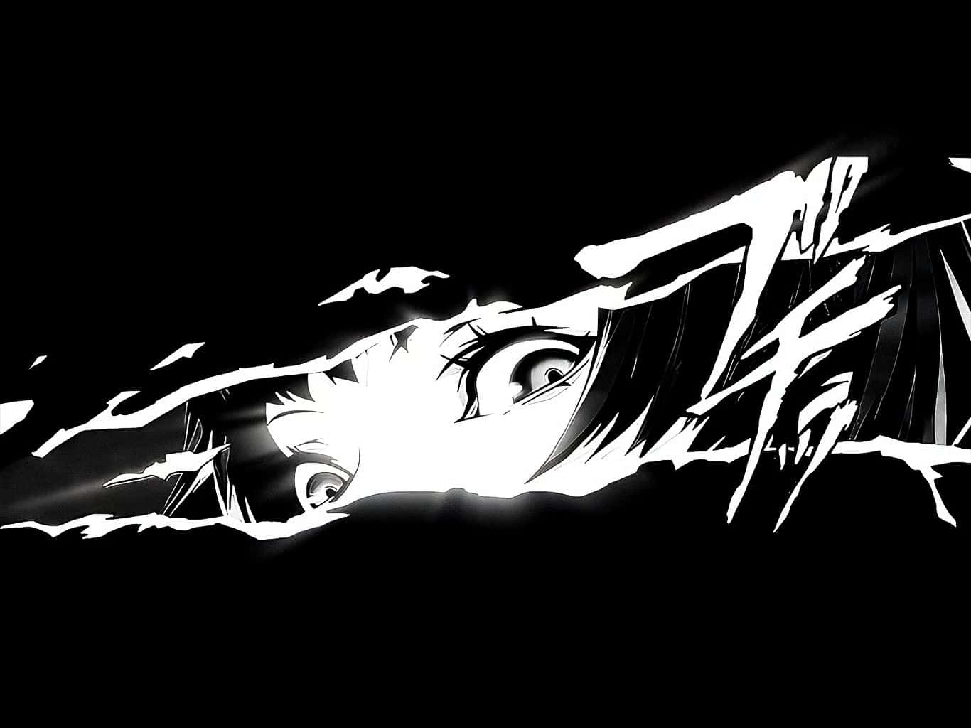 black and white anime girl, anime eye, jagged cracks, HD Desktop Wallpaper