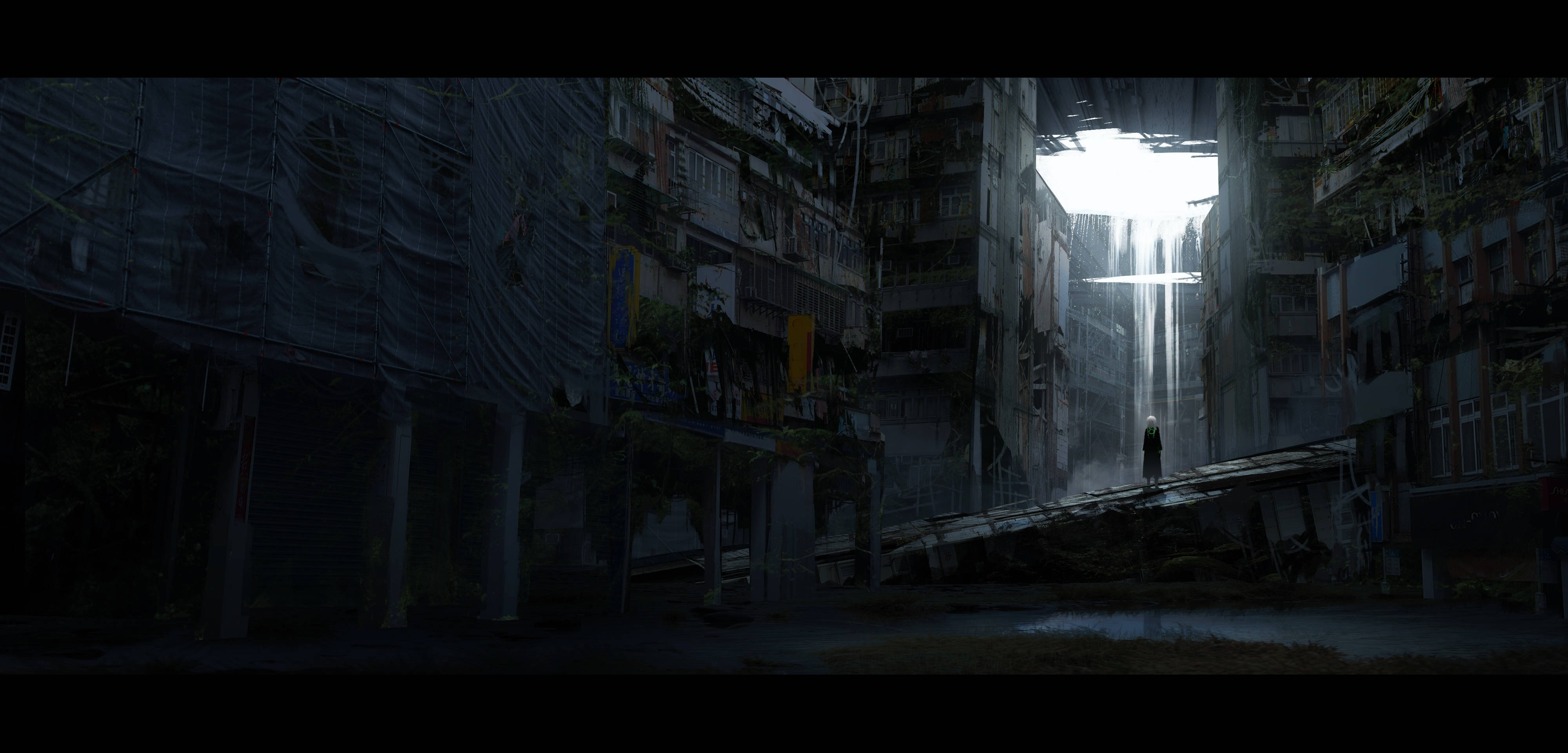Dark Anime, dystopian city, ruined urban alley, 4K Desktop Wallpaper
