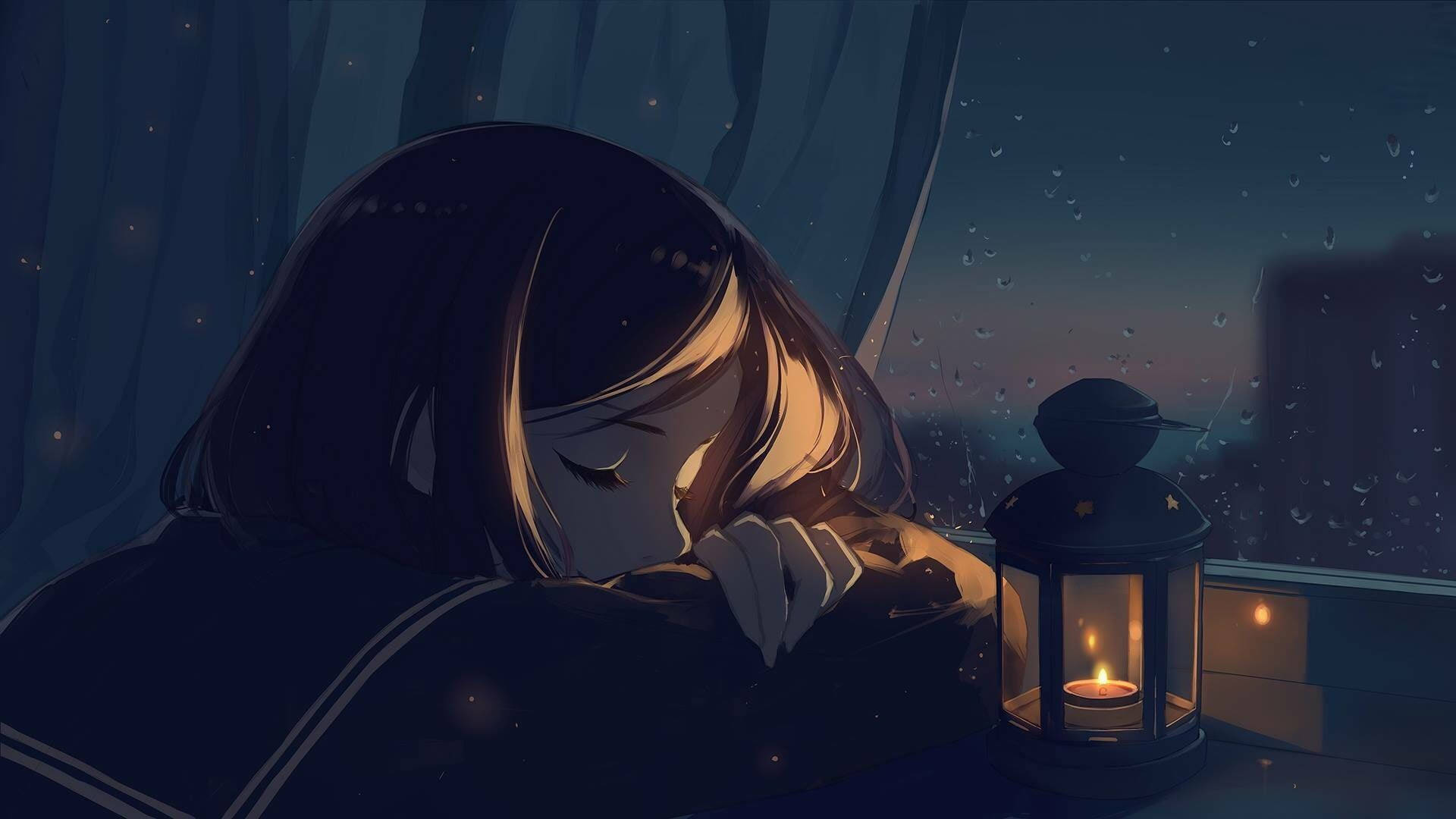 girl, sleeping, glowing lantern, Full HD Desktop Wallpaper