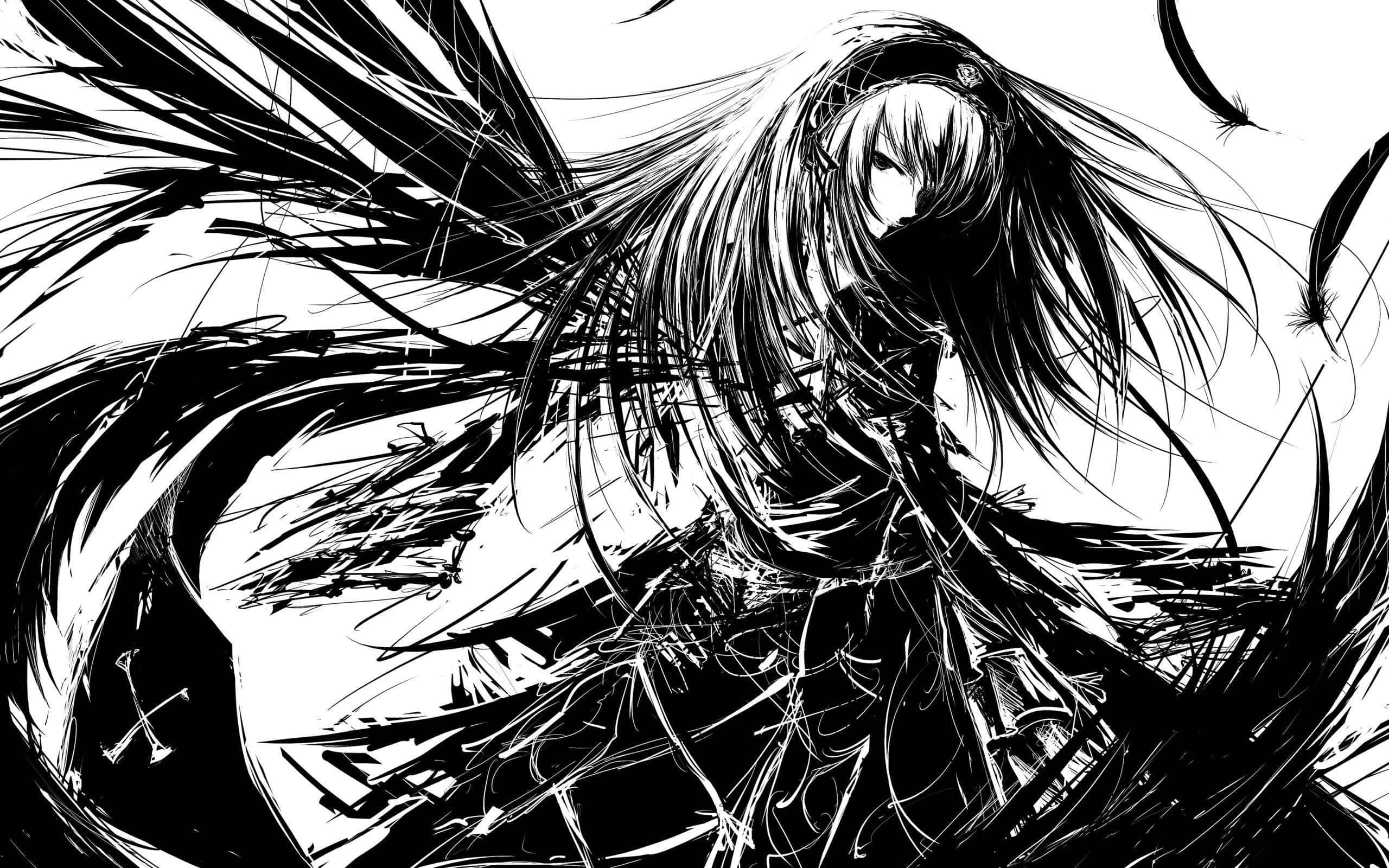 Dark Anime Girl Art, black and white, long hair, 2K Desktop Wallpaper