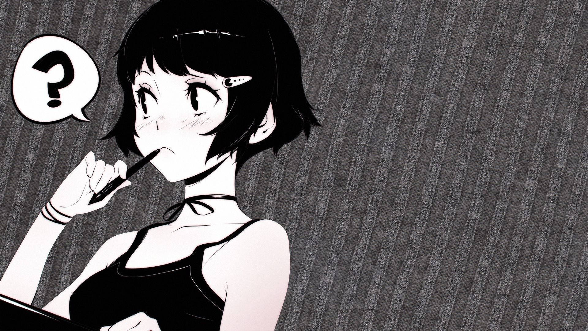 short haired girl, black and white, pen, Full HD Desktop Wallpaper