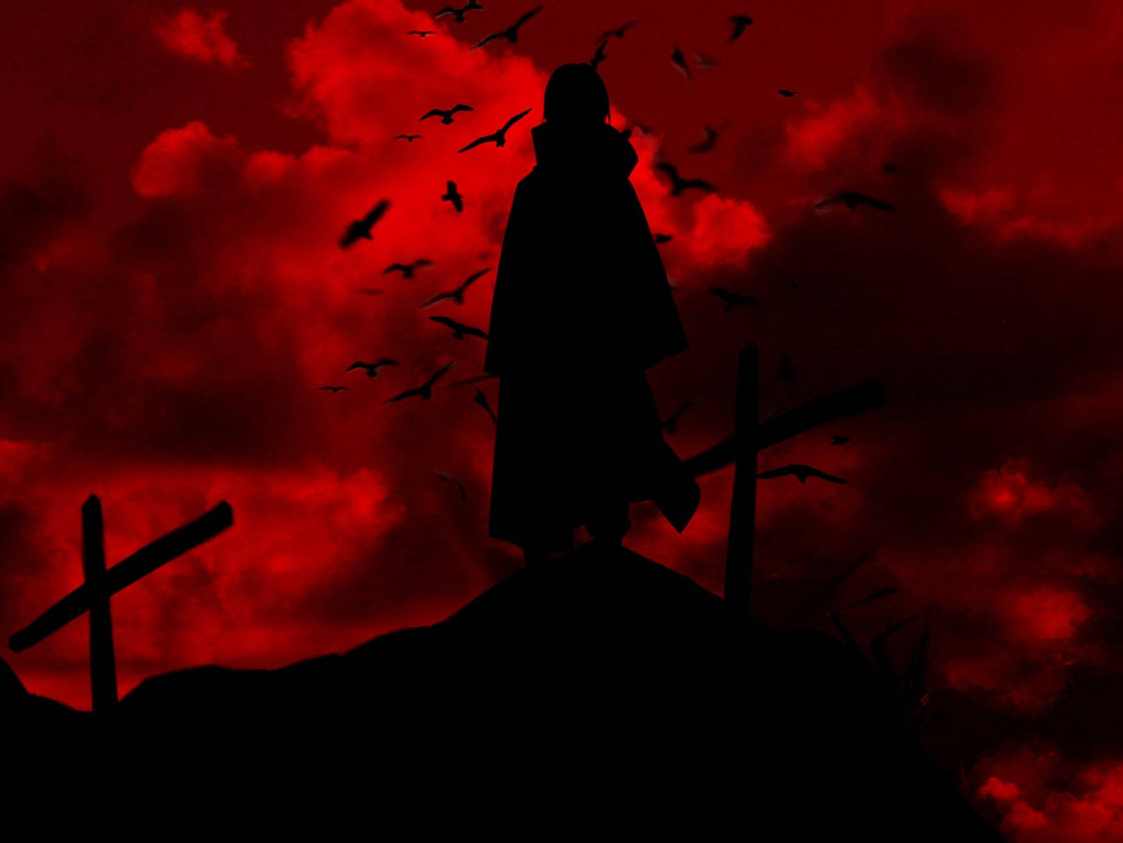 red anime silhouette, cloaked figure, hill, HD Desktop Wallpaper