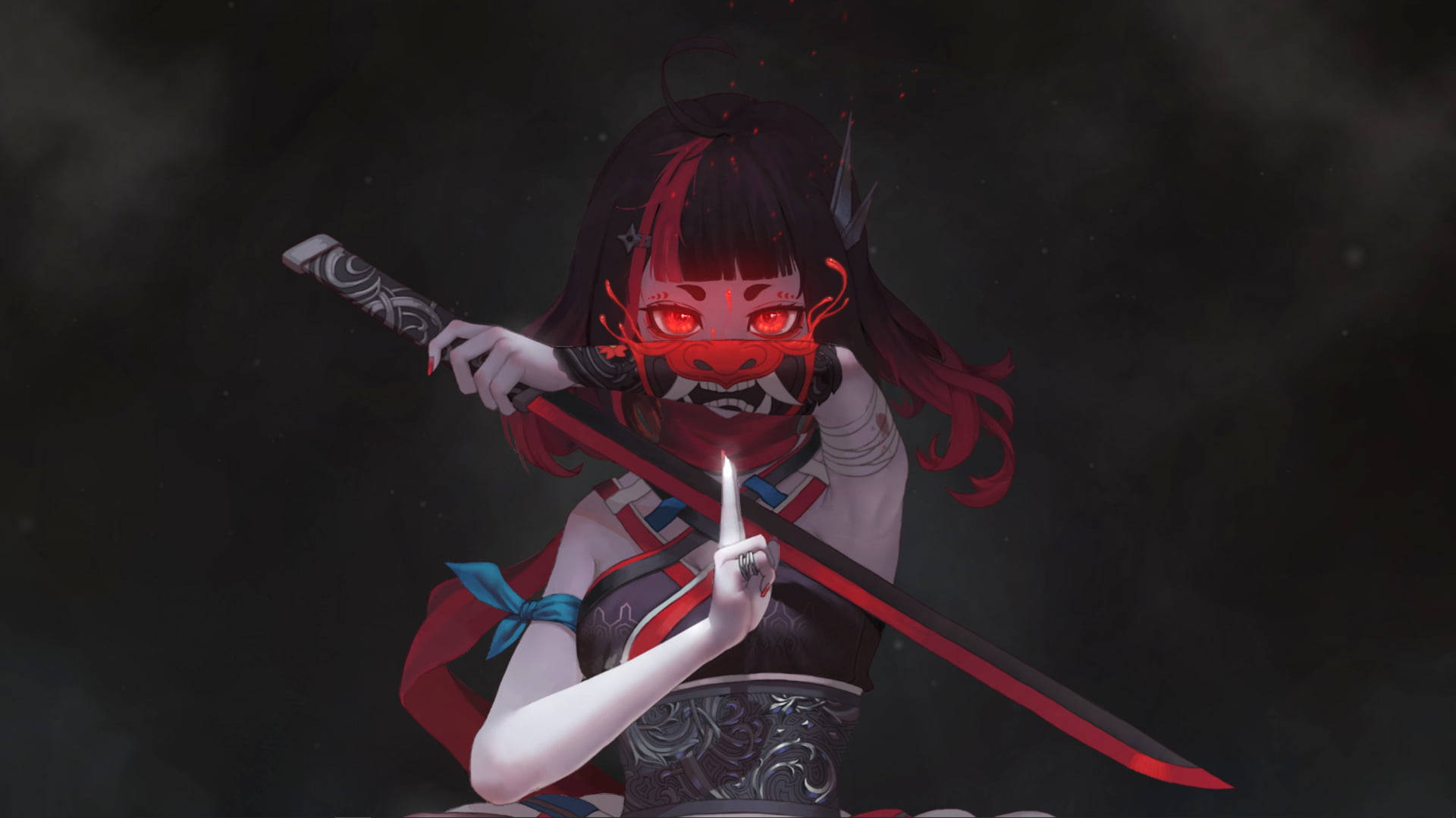 red anime devil, dark anime girl, red glowing eyes, Full HD Desktop Wallpaper