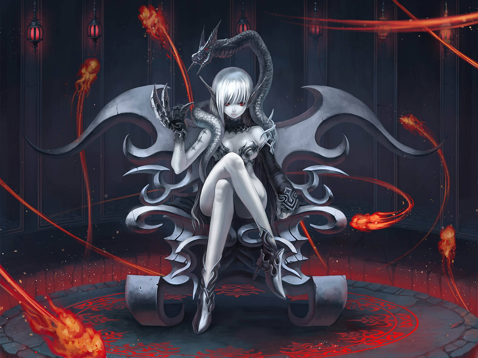 dark anime dragon girl, silver-haired anime girl, dragon wings, Full HD Desktop Wallpaper