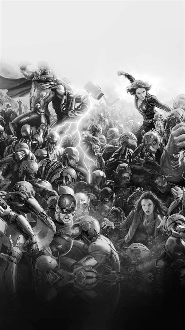 Dark Avengers, stormy sky, monochrome comic book illustration, SD Phone Wallpaper