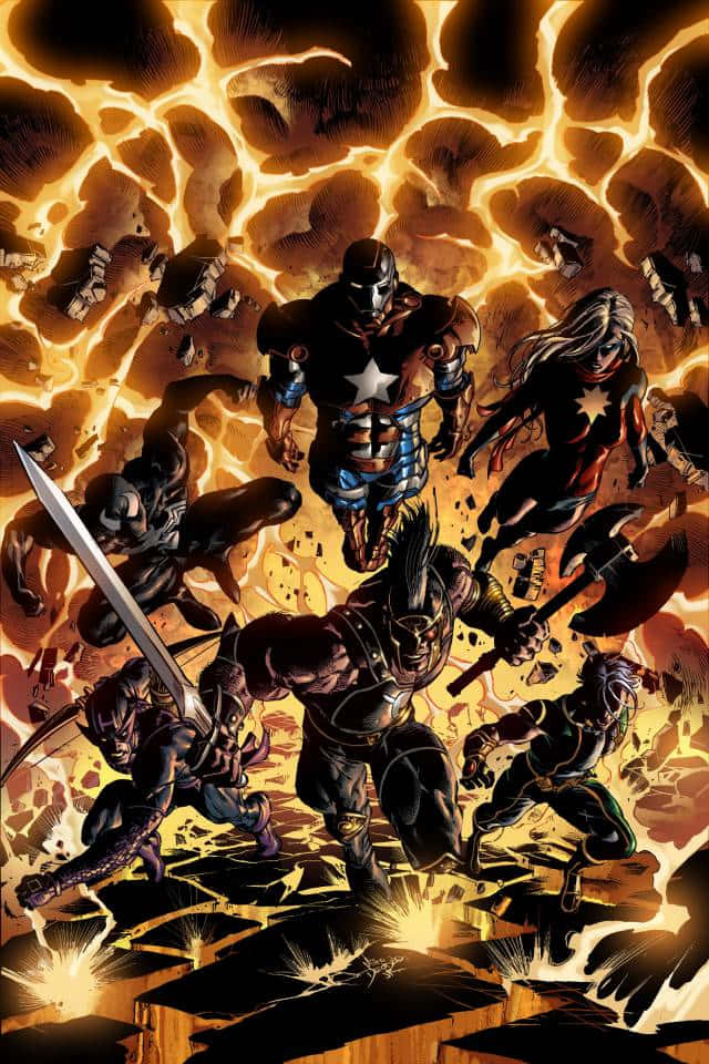 Dark Avengers, Superheroes, fiery landscape, SD Phone Wallpaper