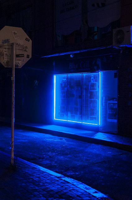Dark Blue Aesthetic Tumblr, neon blue-lit storefront, night, SD Phone Wallpaper