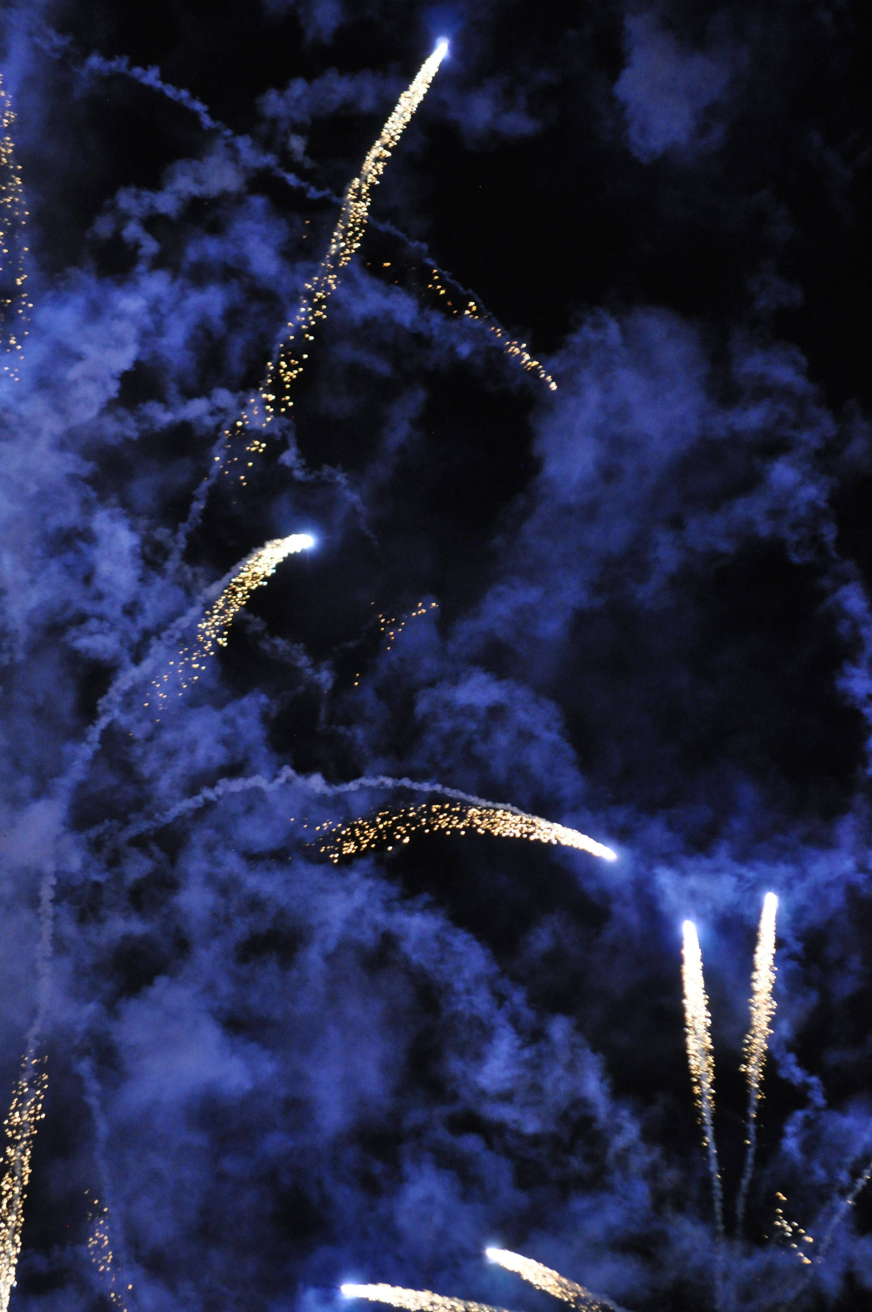Dark Blue Aesthetic, golden fireworks, deep blue night sky, 4K Phone Wallpaper