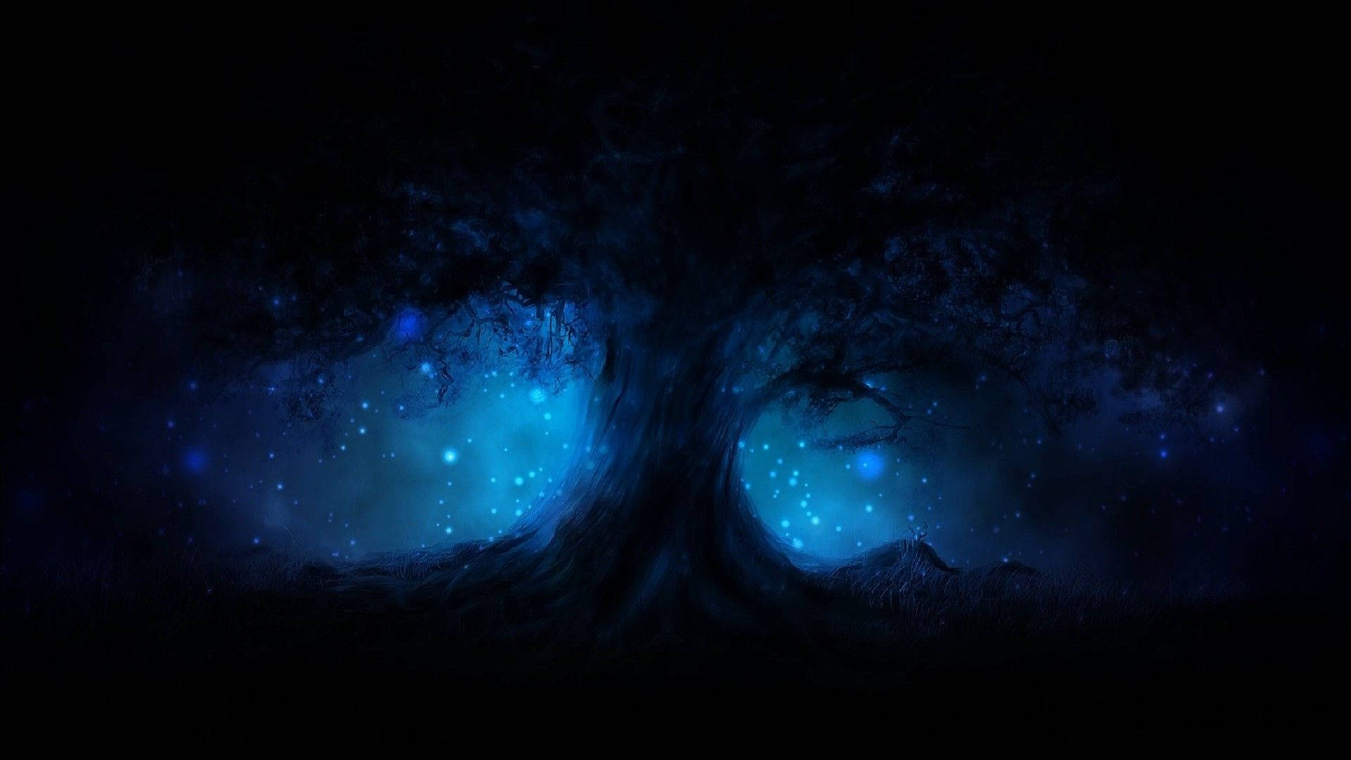 Blue Tree Aesthetic PC, glowing blue orbs, sparkling particles, Full HD Desktop Wallpaper