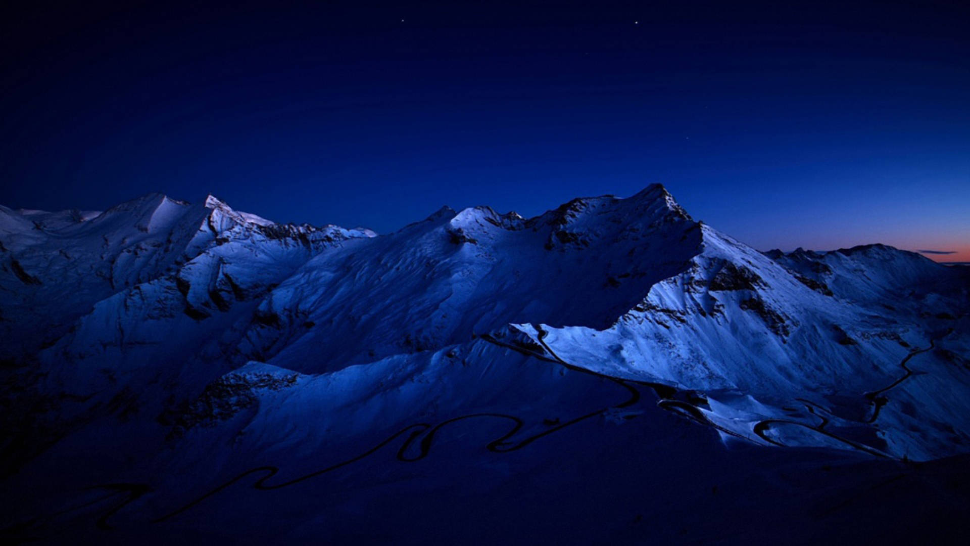 Dark Blue Aesthetic, snow-capped mountain, deep blue twilight sky, Full HD Desktop Wallpaper