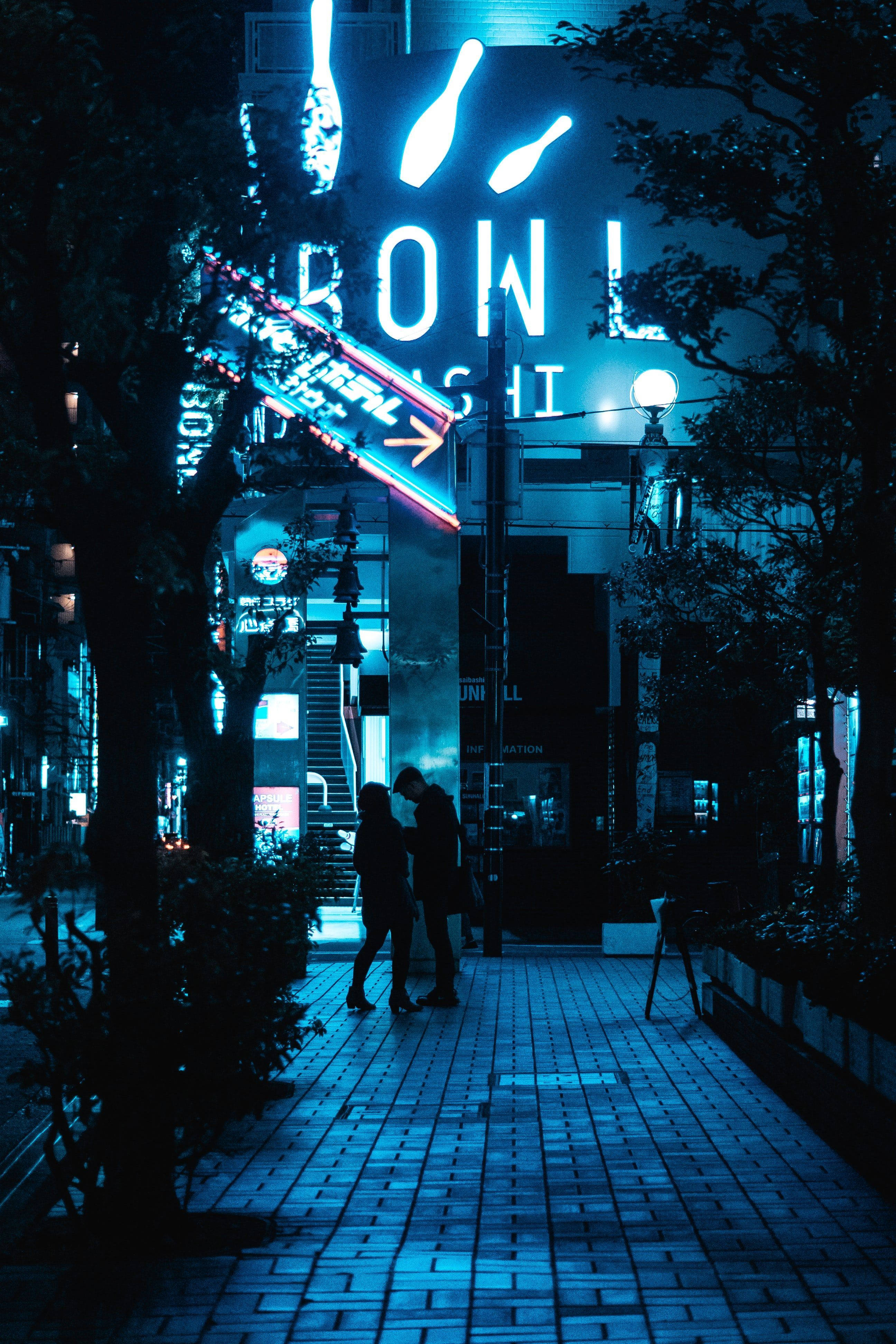 Dark Blue Aesthetic, neon signs, city sidewalk, 4K Phone Wallpaper