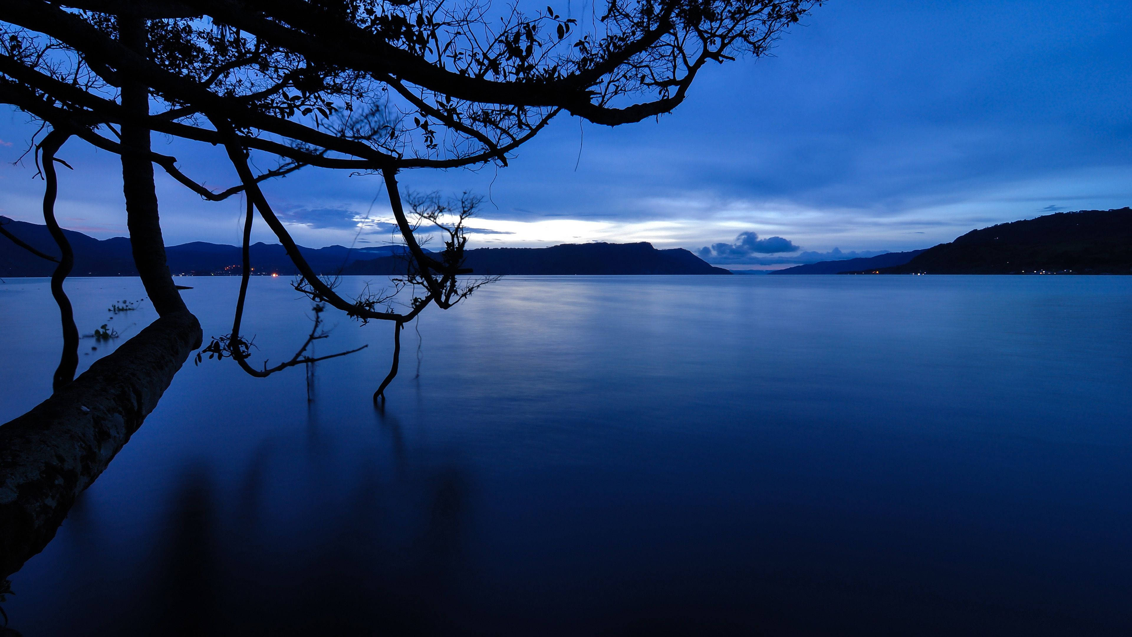 Dark Blue Aesthetic, calm lake, dusk, 4K Desktop Wallpaper