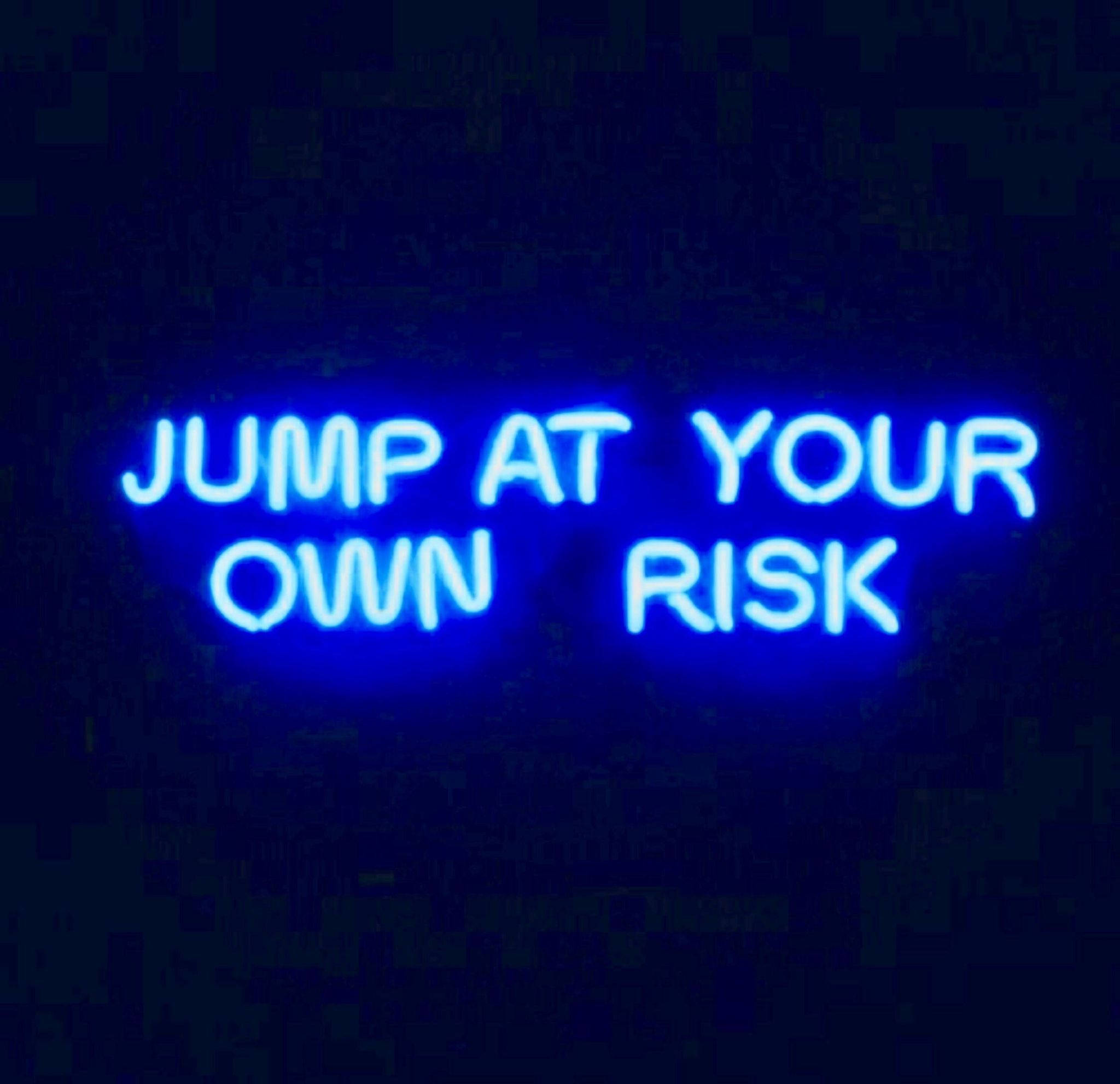 Dark Blue Aesthetic, glowing blue neon sign, jump at your own risk, Full HD Desktop Wallpaper
