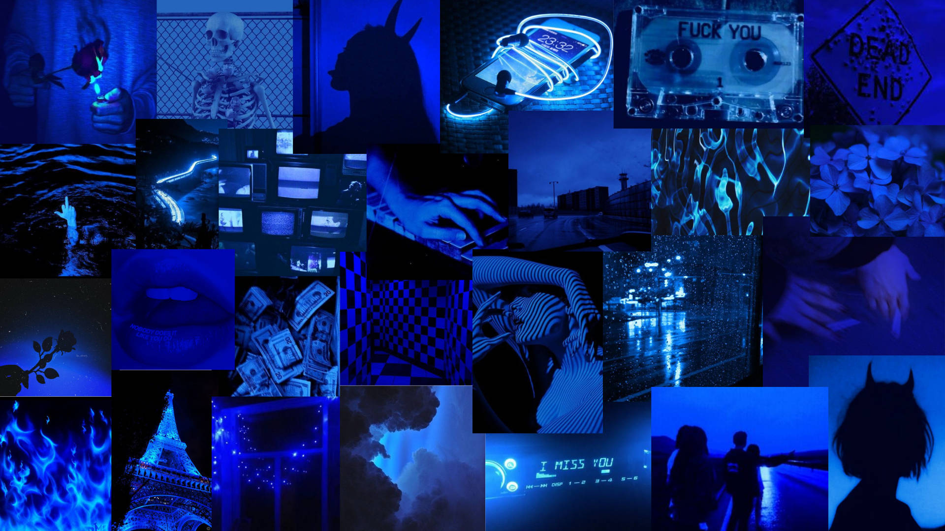 grungy dark blue aesthetic, dark blue-toned, neon signs, Full HD Desktop Wallpaper