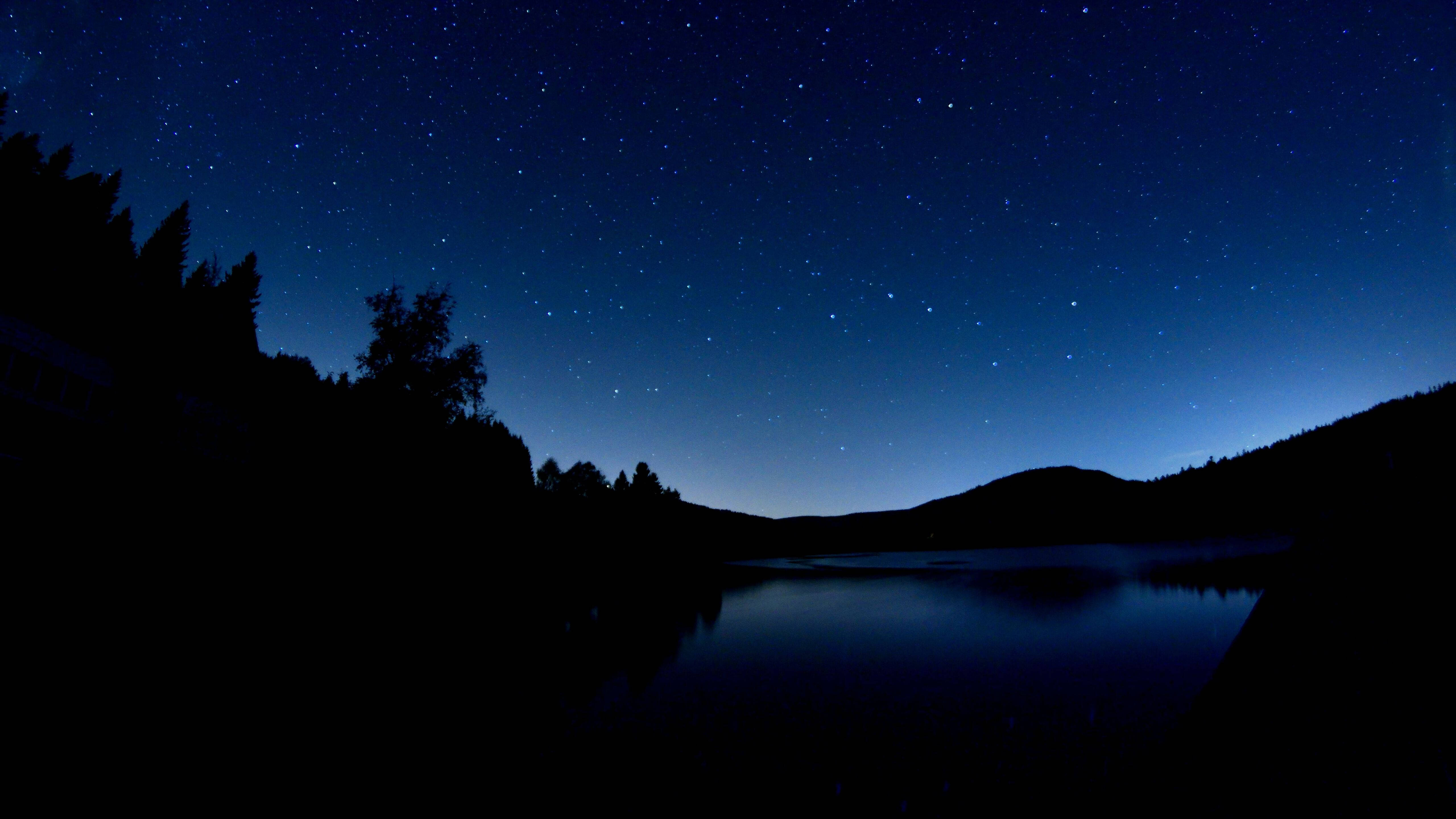 Dark Blue Aesthetic, lakeside, starry night sky, 5K Desktop Wallpaper