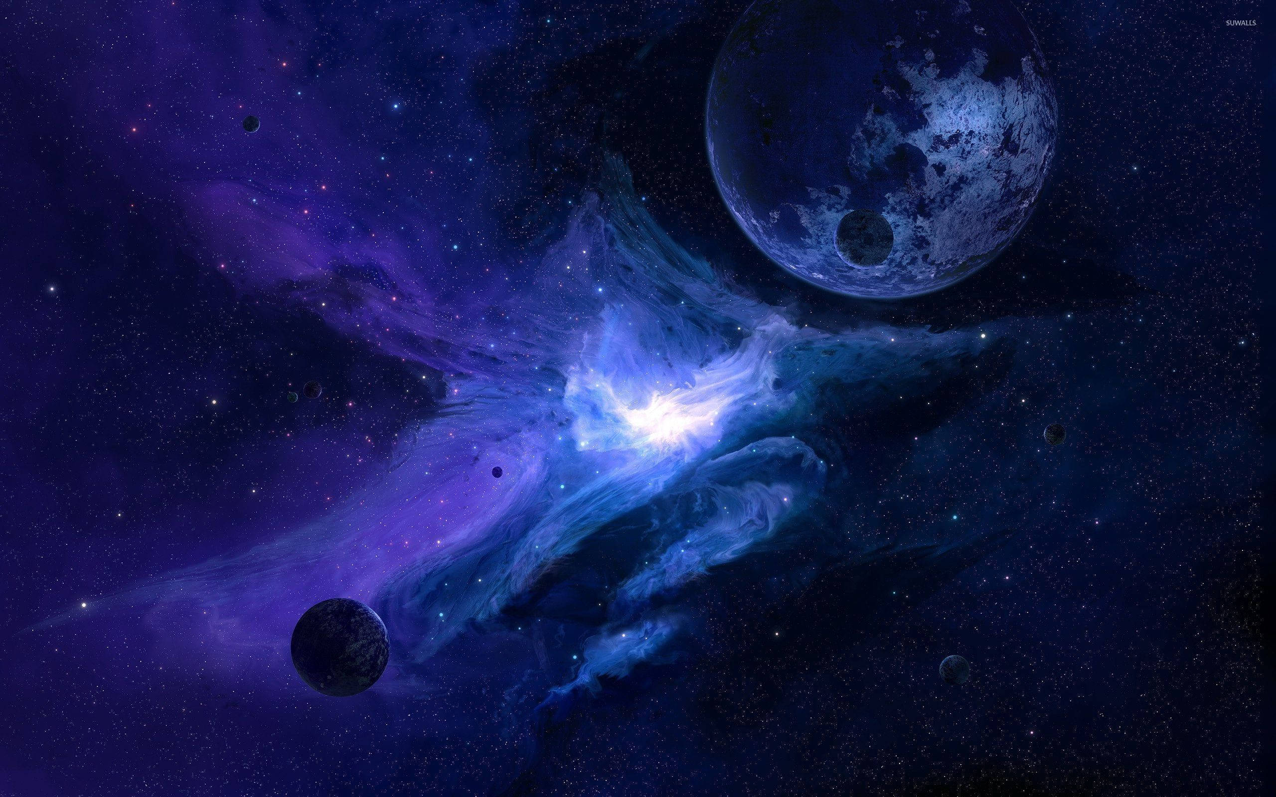 Dark Blue Aesthetic Galaxy, cosmic nebula, vibrant blue and purple hues, 2K Desktop Wallpaper