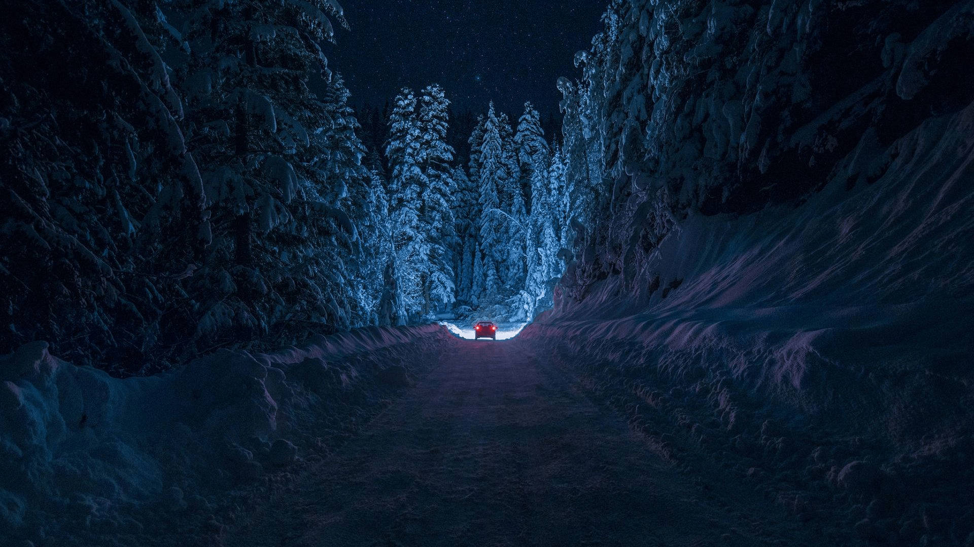 Snowy Forest Blue Aesthetic PC, red car, snow-lined forest road, Full HD Desktop Wallpaper