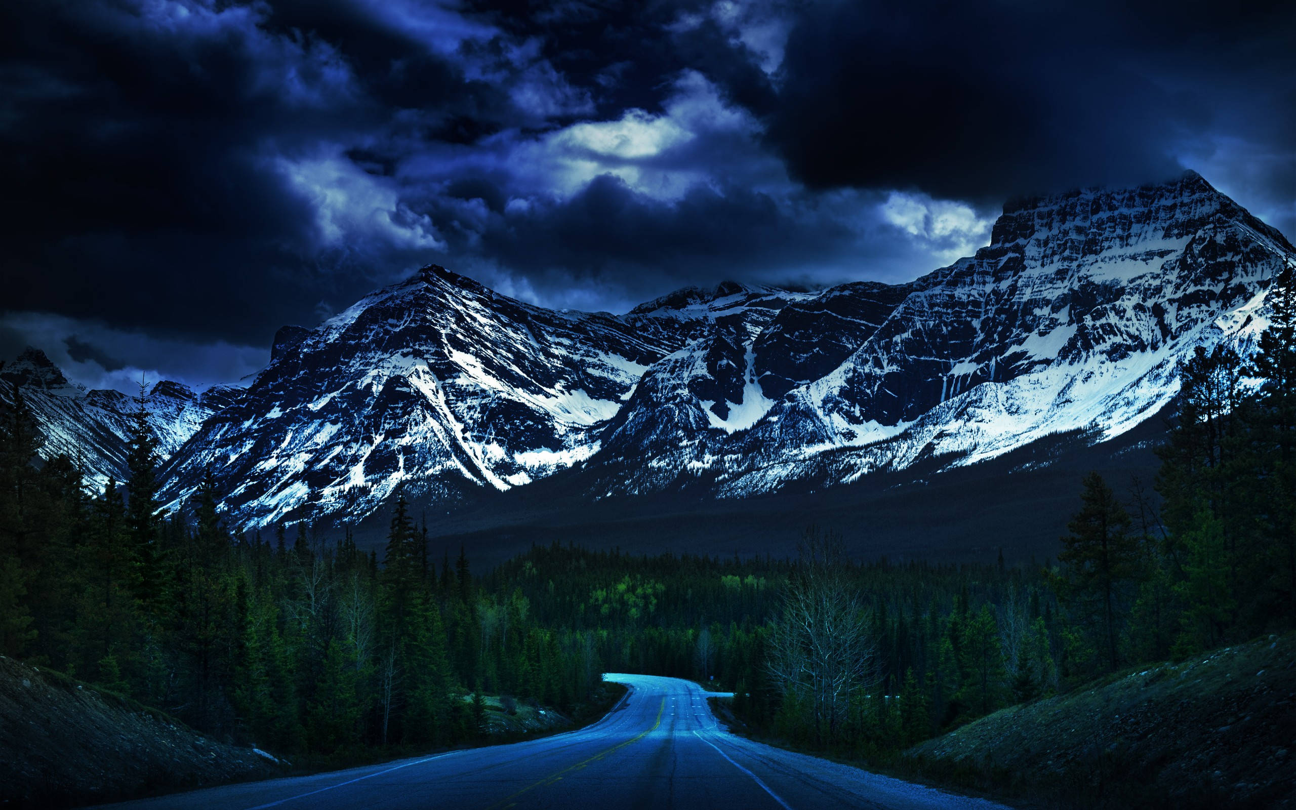 Dark Blue Clouds, snow-capped mountains, stormy night sky, 2K Desktop Wallpaper