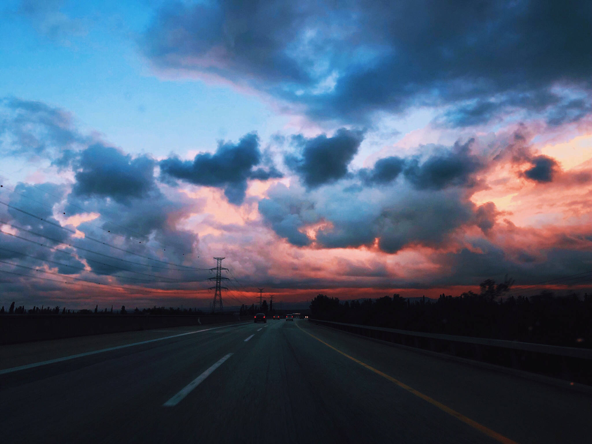empty road, dark blue clouds, twilight sky, Full HD Desktop Wallpaper