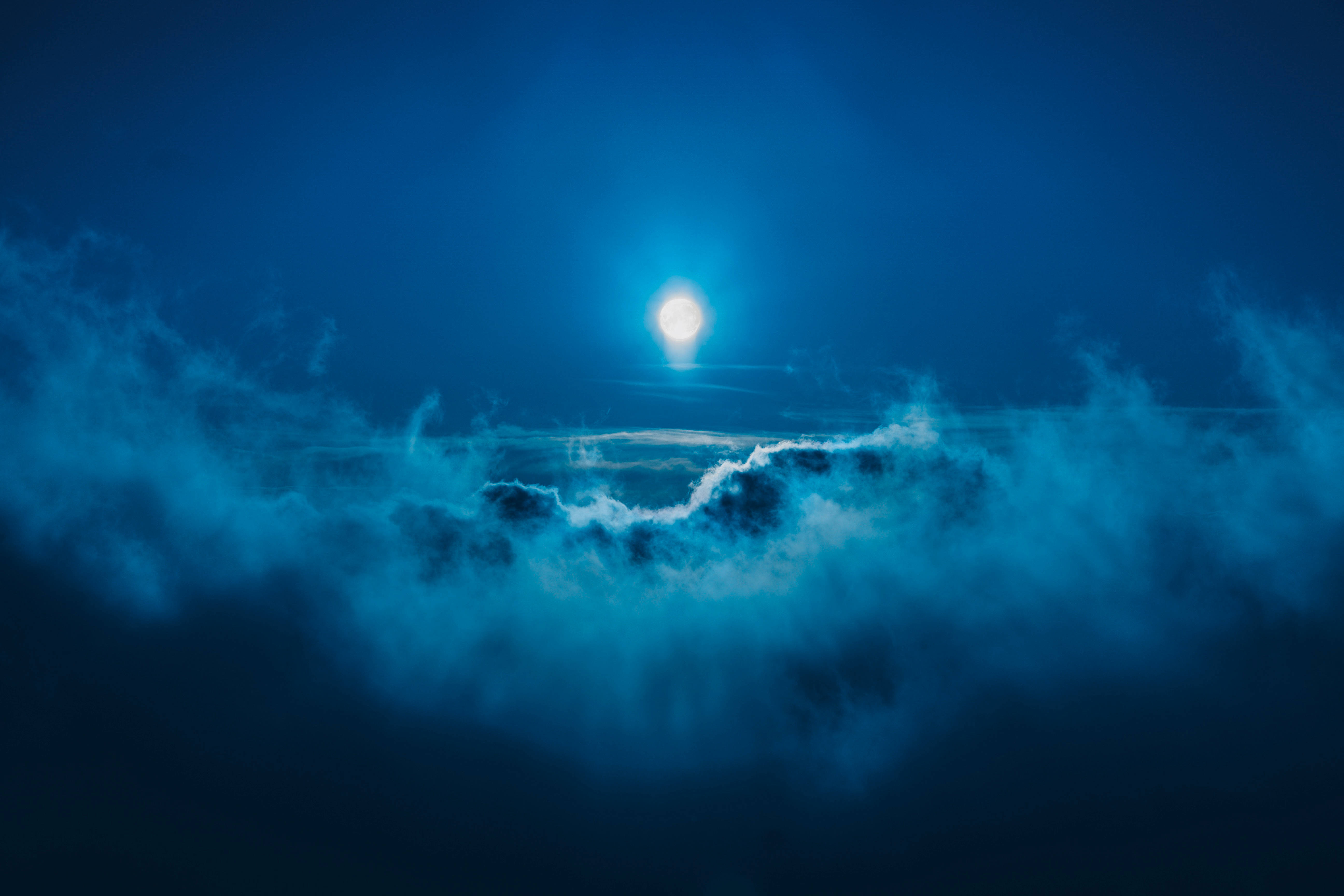 full moon, dark blue clouds, swirling blue clouds, 5K Desktop Wallpaper