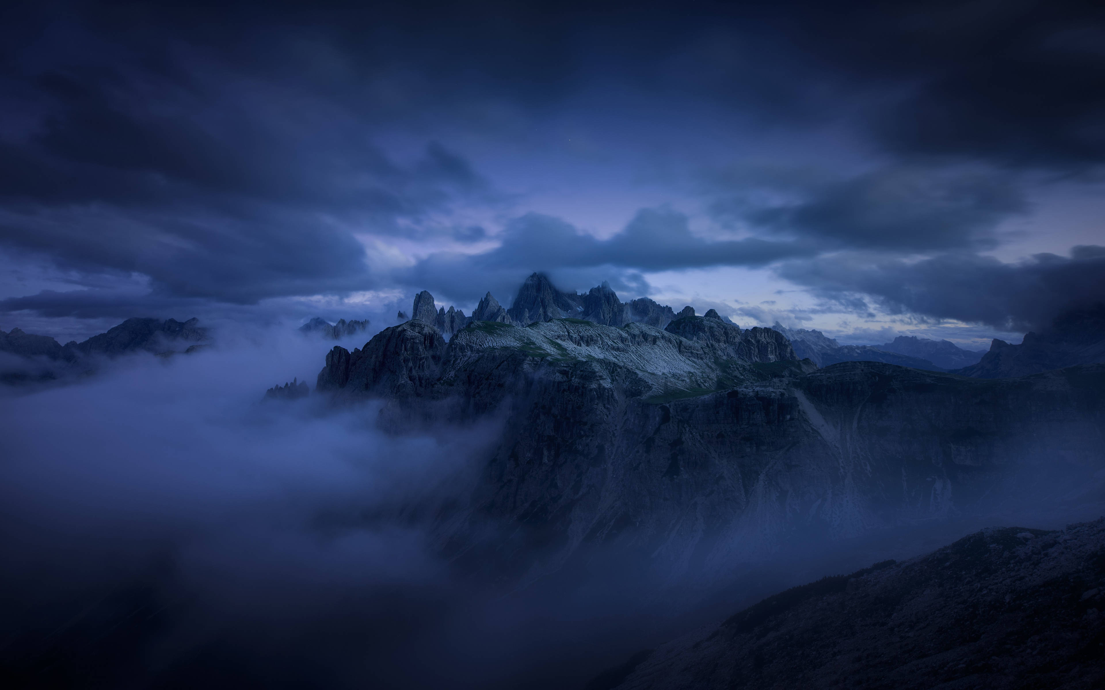 Dark Blue Clouds, mountains, twilight sky, 4K Desktop Wallpaper