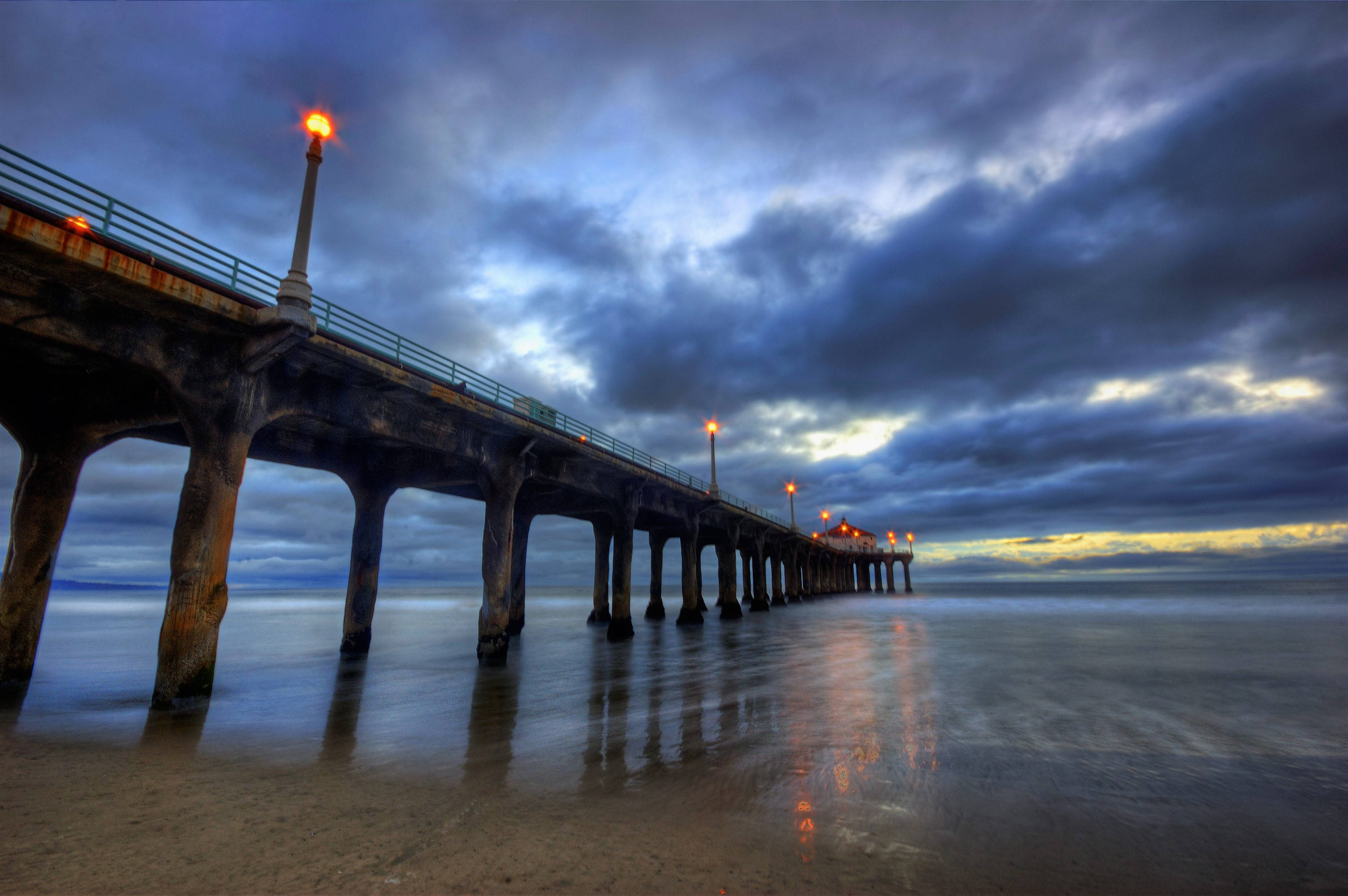 Dark Blue Clouds, pier, twilight sky, 2K Desktop Wallpaper