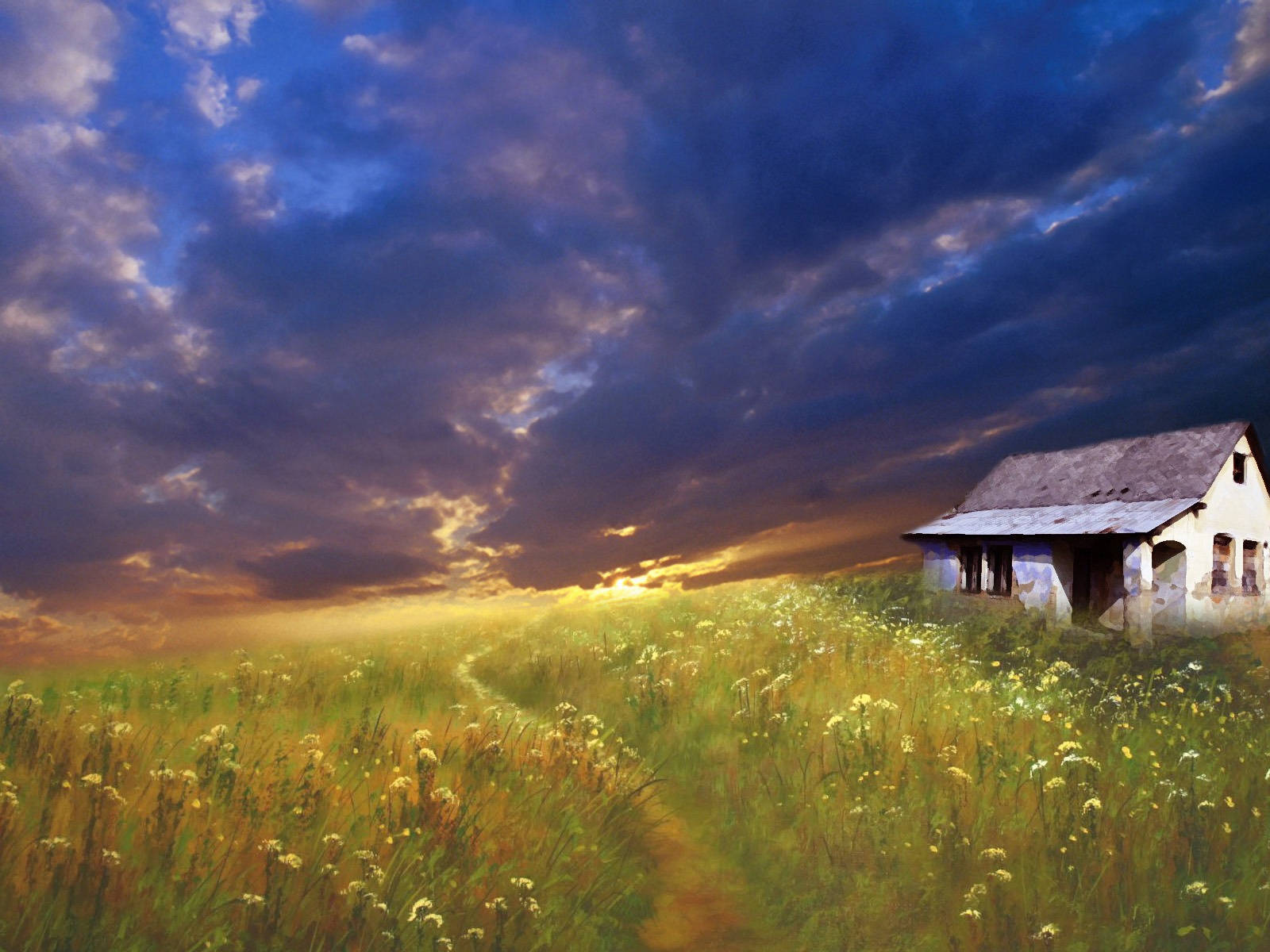Dark Blue Clouds, twilight sky, sunlit field, HD Desktop Wallpaper