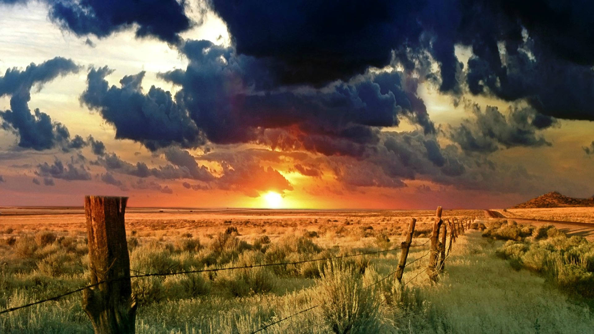 dark blue clouds, sunset, desert plain, Full HD Desktop Wallpaper